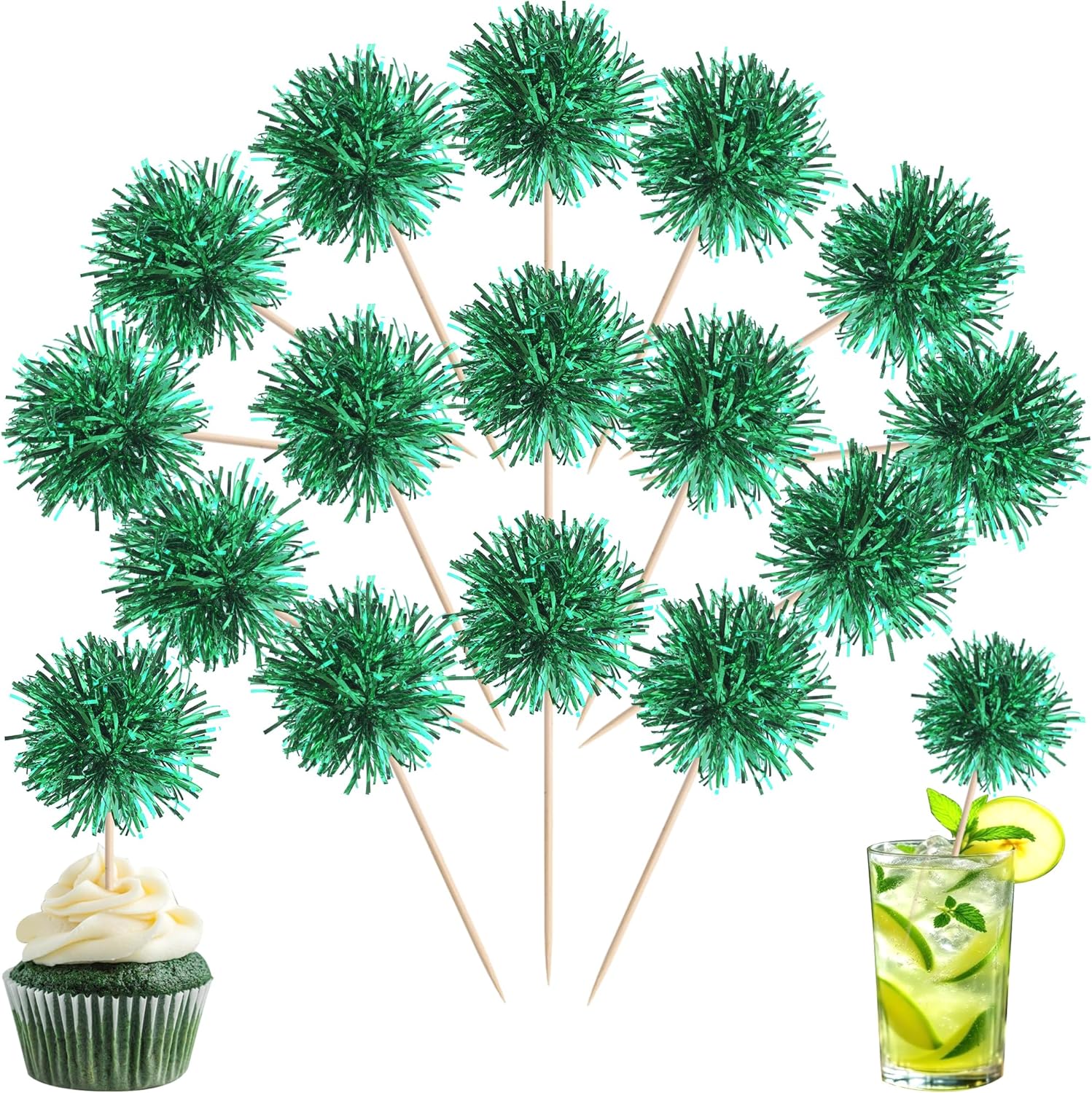 40 PCS Foil Firework Cupcake Toppers Green Sparkler Cupcake Picks Sparkle Tinsel Fireworks Decorations Cocktail Fruit Toothpick for Firework Theme Birthday Wedding Graduation Party Decoration Supplies