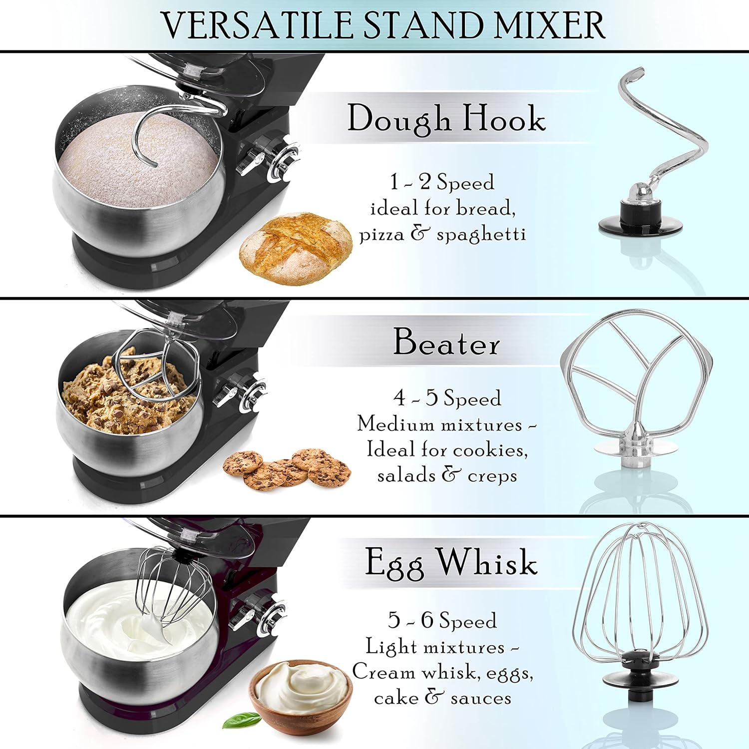 Moss & Stone Black Stand Mixer, 6 Speed Electric Mixer With 5.5 Quart Stainless Steel Mixing Bowl, Black Body Kitchen Mixer With Dough Hook, Egg Whisk, Beater & Baking Spatula, Classic Food Mixer