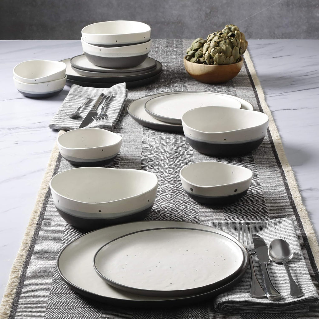 Gibson Elite Rhinebeck Double Bowl Dinnerware Set, Service for 4 (16pcs), White and Black