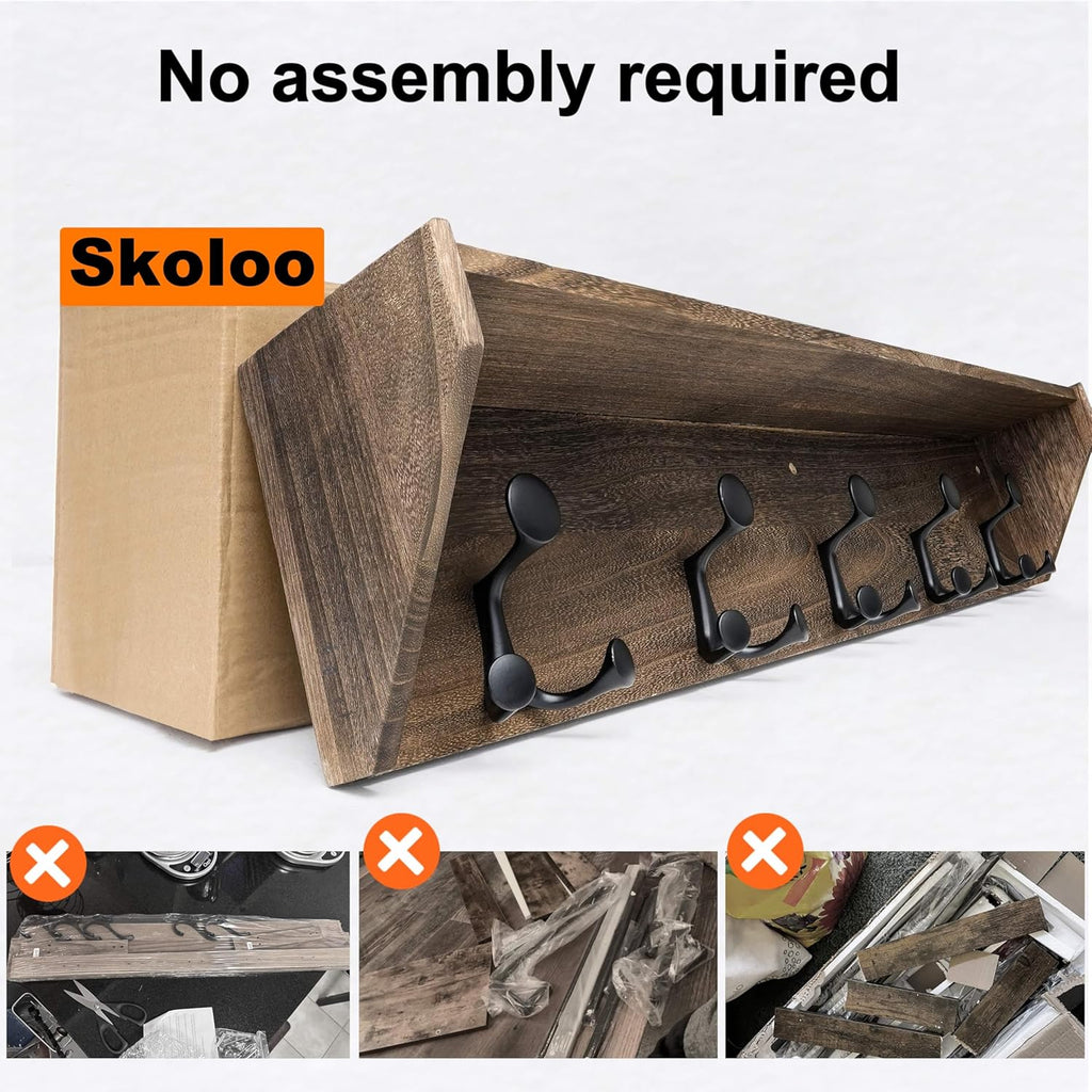 SKOLOO Wall Shelf with Hooks, 35-Inch Weathered Brown Coat Rack Wall Mount with Shelf Organizer - Lightweight & Sturdy, 5 Tri Hooks - Perfect for Entryway, Hallway, Living Room, Bedroom, Mudroom