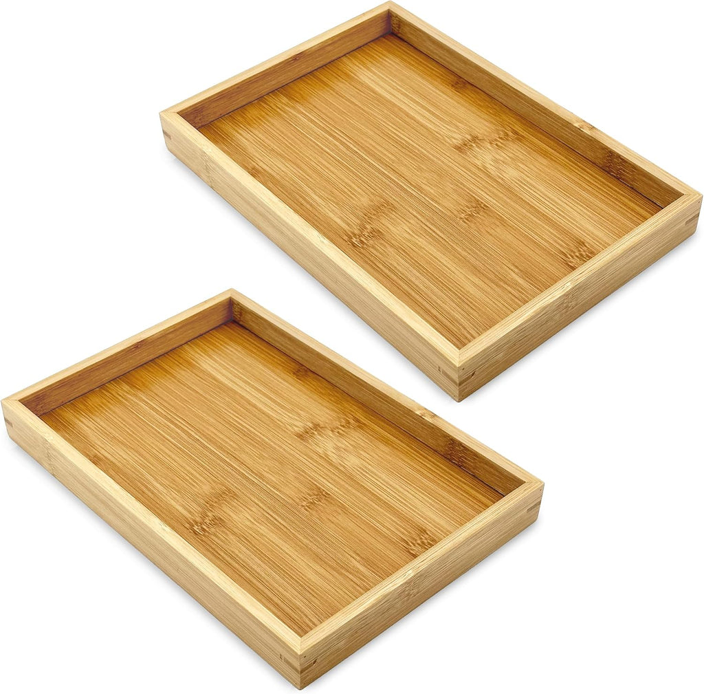 Bam & Boo (2-Pack) Natural Bamboo Rectangle Serving & Vanity Tray - for Kitchen, Bathroom, Countertop, Coffee Table (11" x 7.5" x 1.2")