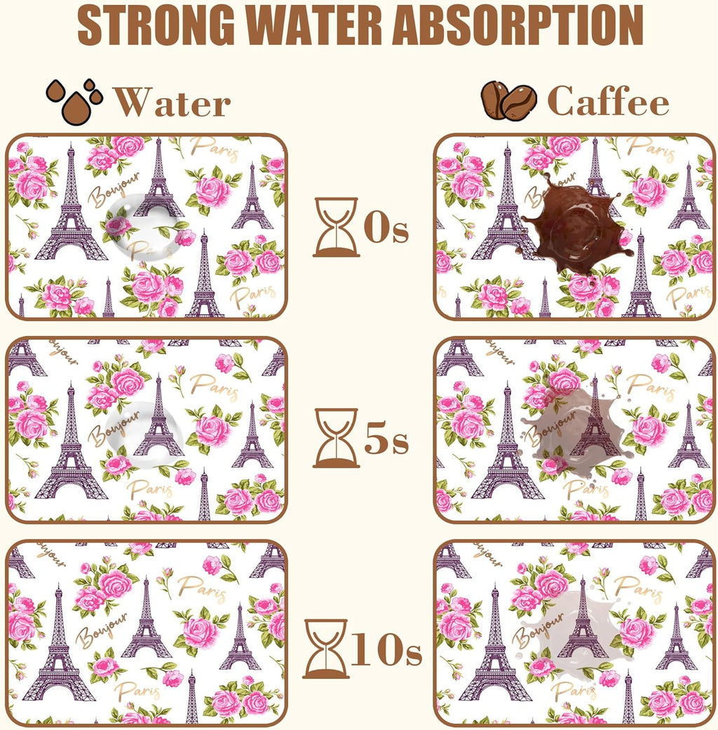 Eiffel Tower with Pink Rose Coffee Mat Absorbent Dish Drying Mat for Kitchen Counter Hide Stain Rubber Backed Coffee Bar Accessories Fit Under Espresso Machine Dish Drainer 15.7 x 23.6 Inch