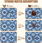 Dish Drying Mat Blue Portuguese Tiles Coffee Bar Mat for Countertop - Absorbent Rubber Backed Hide Stain Dish Drainer Rack - Coffee Maker Pot Dining Room Decoration 15.7 x 23.6 Inch