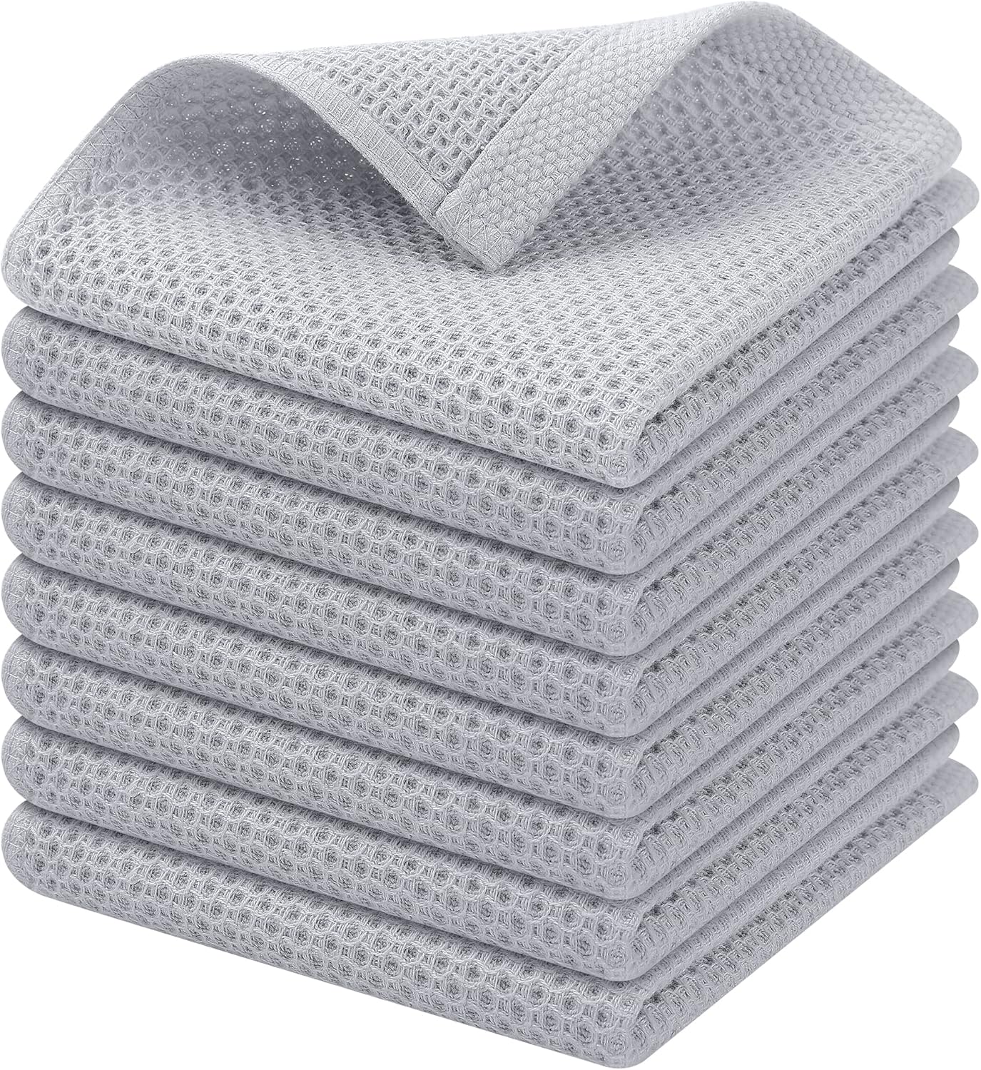 Kitinjoy 100% Cotton Kitchen Dish Cloths, 8 Pack Waffle Weave Ultra Soft Absorbent Dish Towels for Drying Dishes Quick Drying Kitchen Towels Dish Rags, 12 X 12Inch, Light Grey