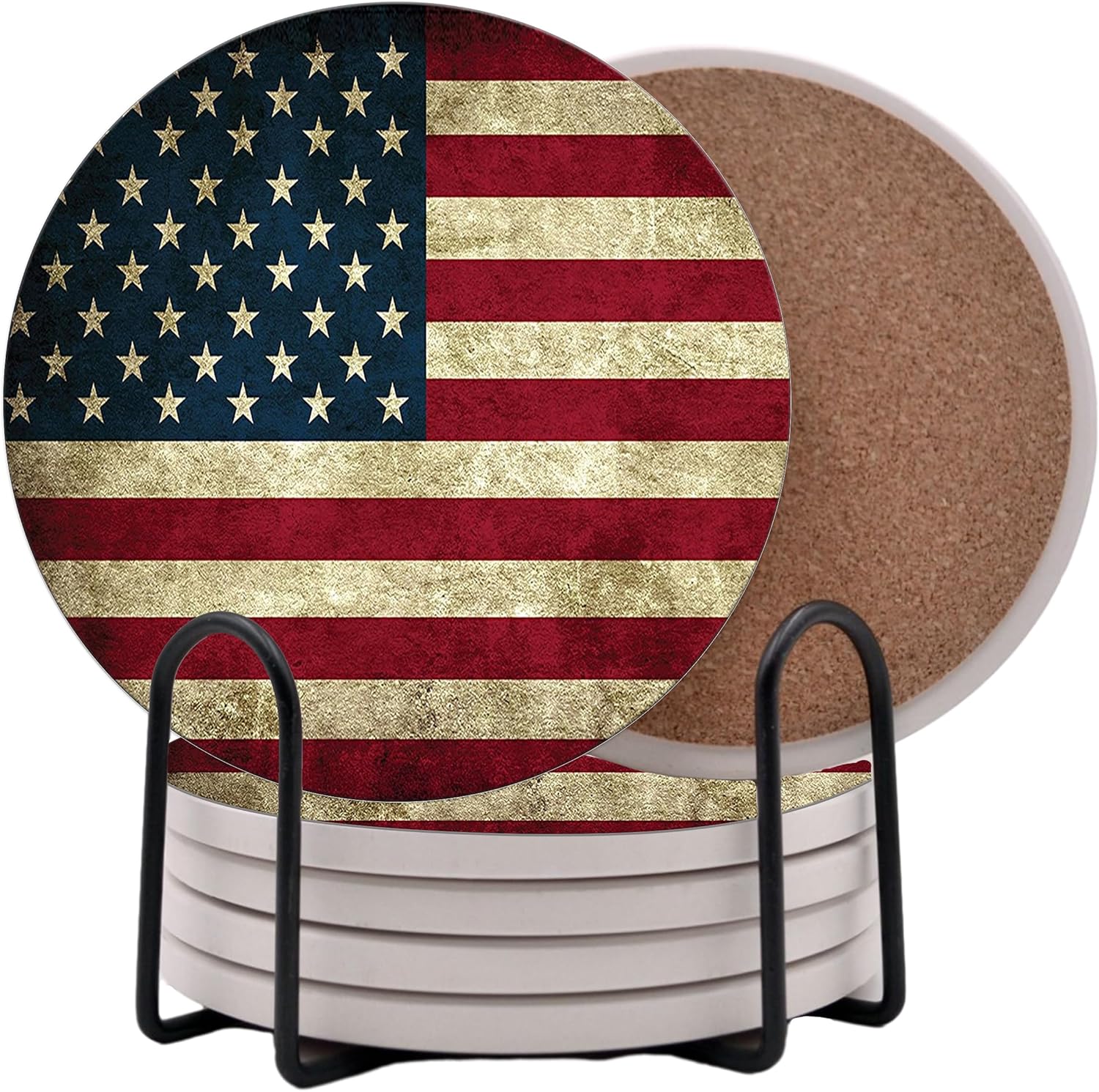 USA American Flag United States Round Coasters Set of 6 - Abosrbent Ceramic with Metal Stand for Drinks, Coffee, Non-Slip Cork Back for Tabletop Protection, 4 Inches (Rustic)