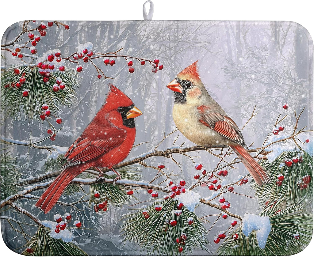 Winter Cardinal Birds Dish Drying Mats Christmas Snowflake Dish Mat Kitchen Tree Large Drying Matt Dishes Dryer Pad for Kitchen Counter Absorbent Microfiber Washable Foldable Reusable 18x24 in