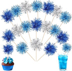 30 PCS Foil Firework Cupcake Toppers Sparkle Tinsel Cupcakae Picks Foil Firework Decorations Cocktail Fruit Toothpick for Fireworks Theme Birthday Wedding Graduation Party Decor Blue Silver Light Blue