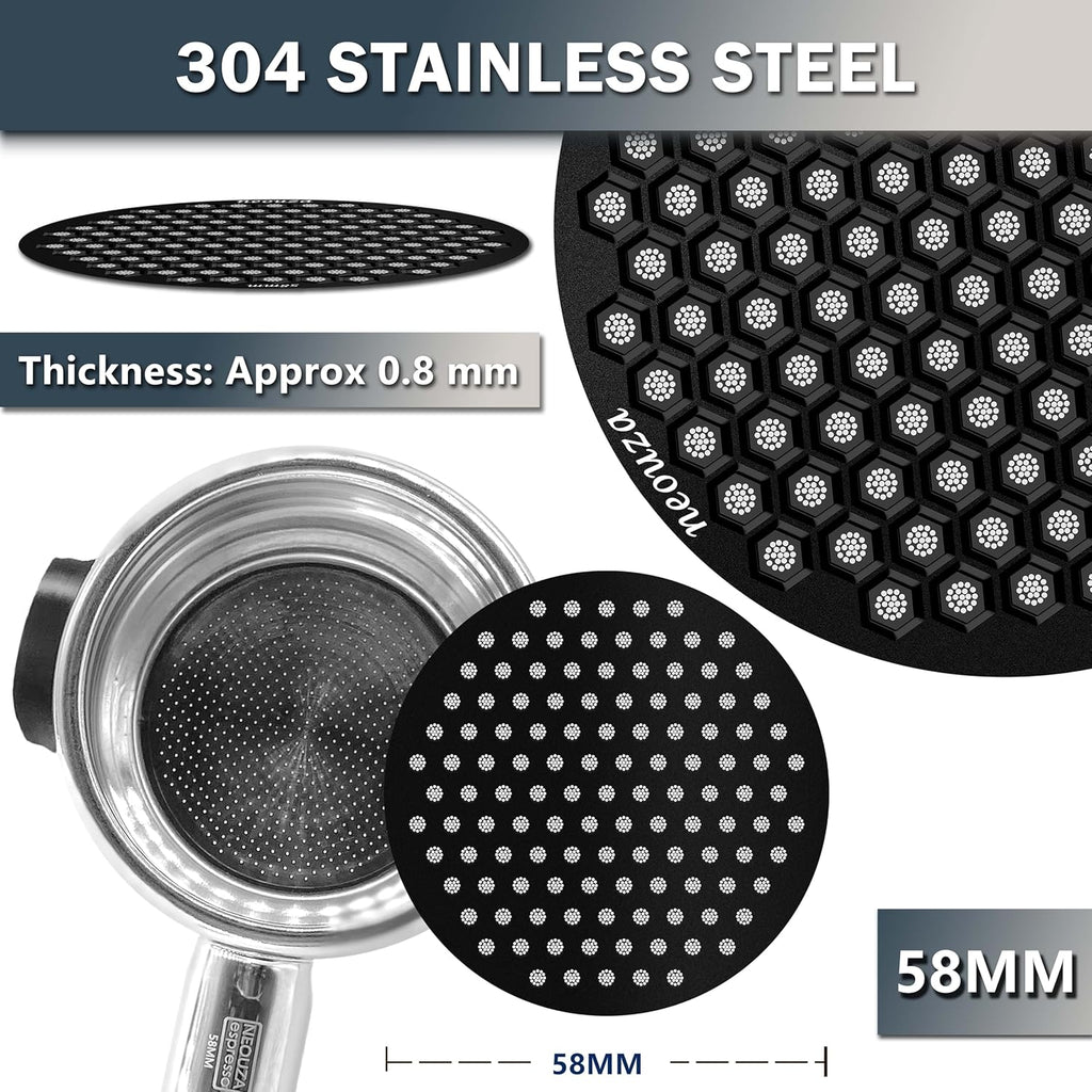 NEOUZA V4 Espresso Puck Screen 0.8mm Thickness Honeycomb Mesh Double Layer Black Protective Coating for Coffee Portafilter Basket (2, Black and Silver, 58mm)