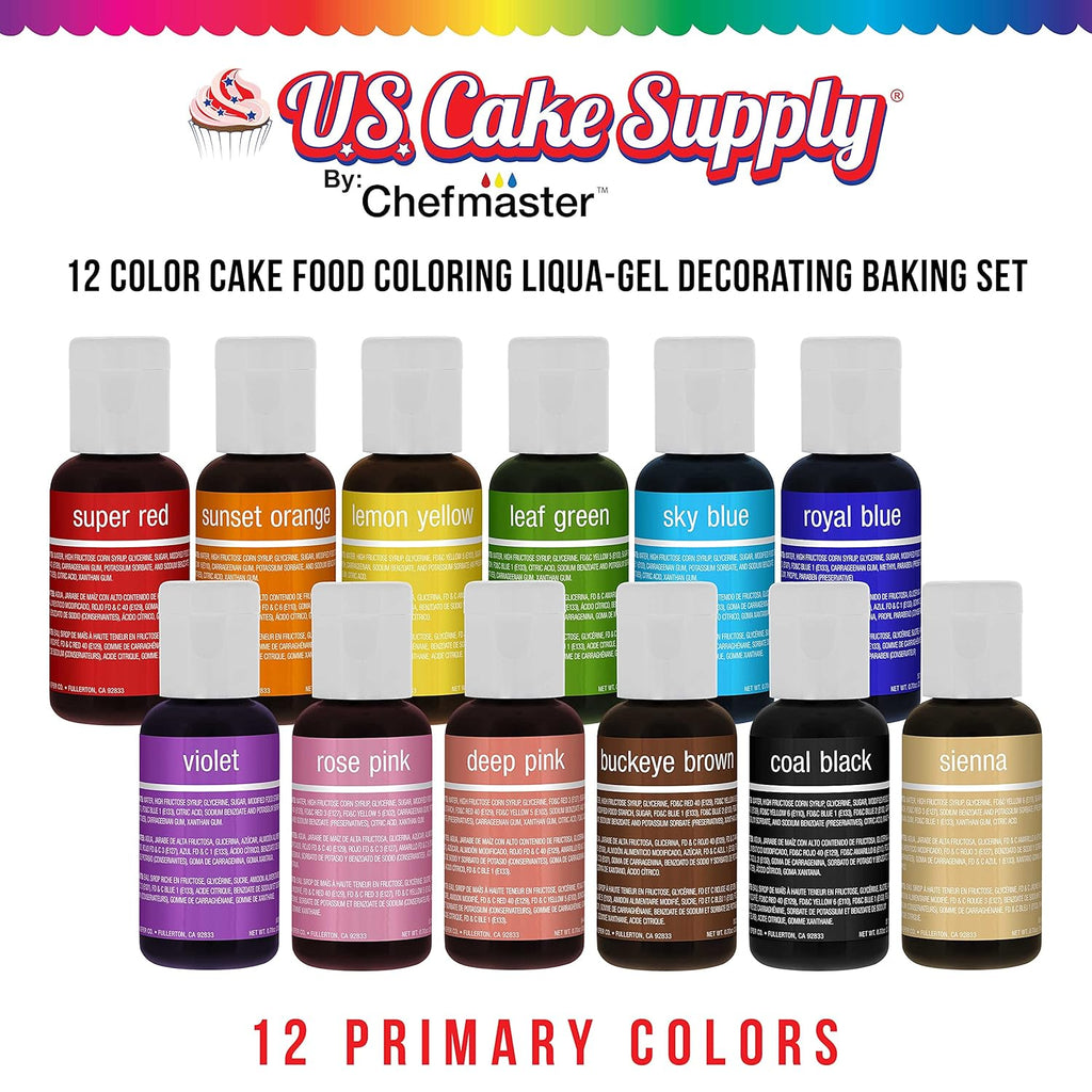 U.S. Cake Supply 12 Color Cake Food Coloring Liqua-Gel Decorating Set - .75 fl. Oz. (20ml) Bottles Primary Colors