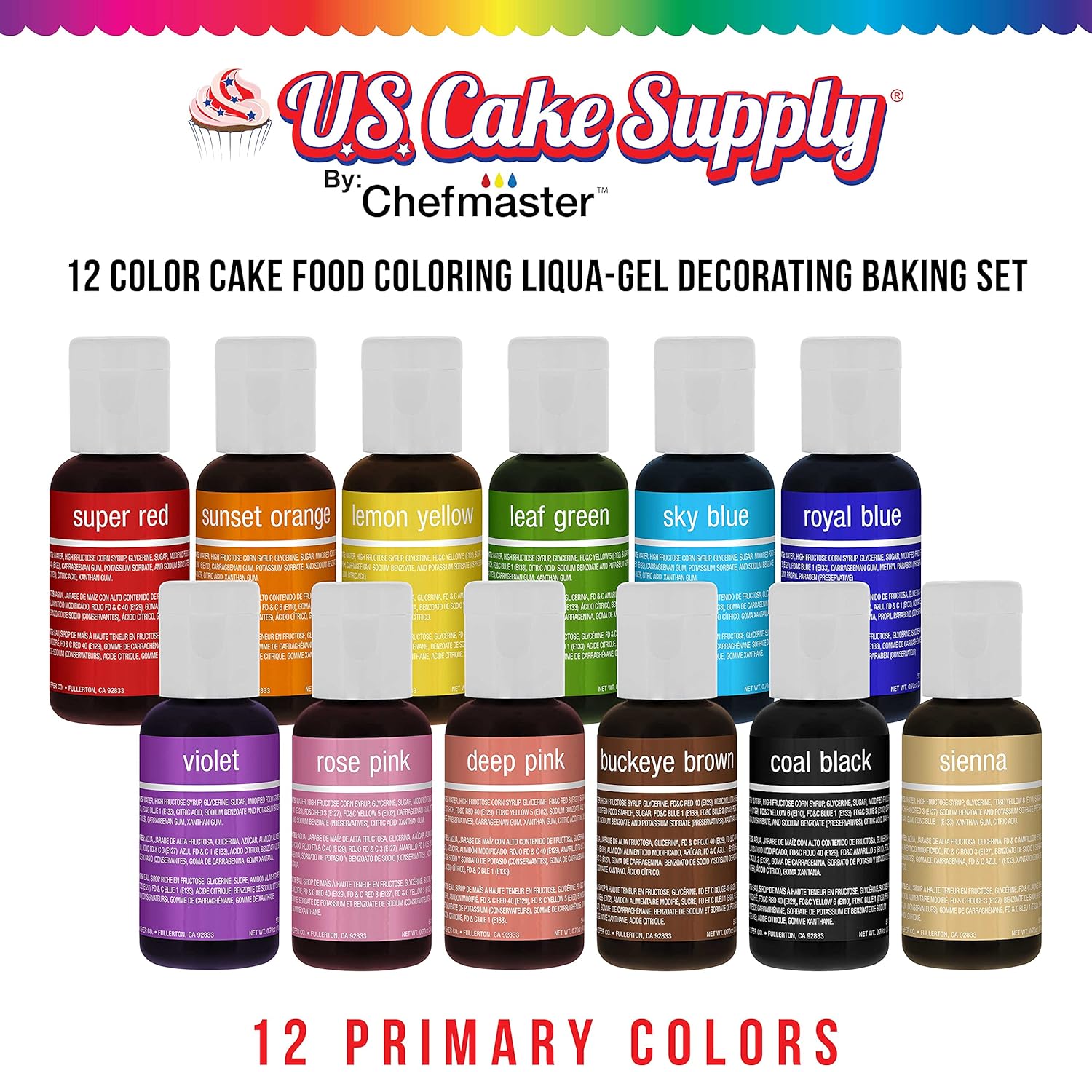 U.S. Cake Supply 12 Color Cake Food Coloring Liqua-Gel Decorating Set - .75 fl. Oz. (20ml) Bottles Primary Colors