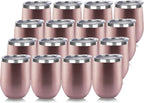 DOMICARE Stainless Steel Wine Tumbler Bulk with Lid, Personalized Rose Gold Insulated Tumblers Set, 12oz Travel Coffee Cups Pack of 16