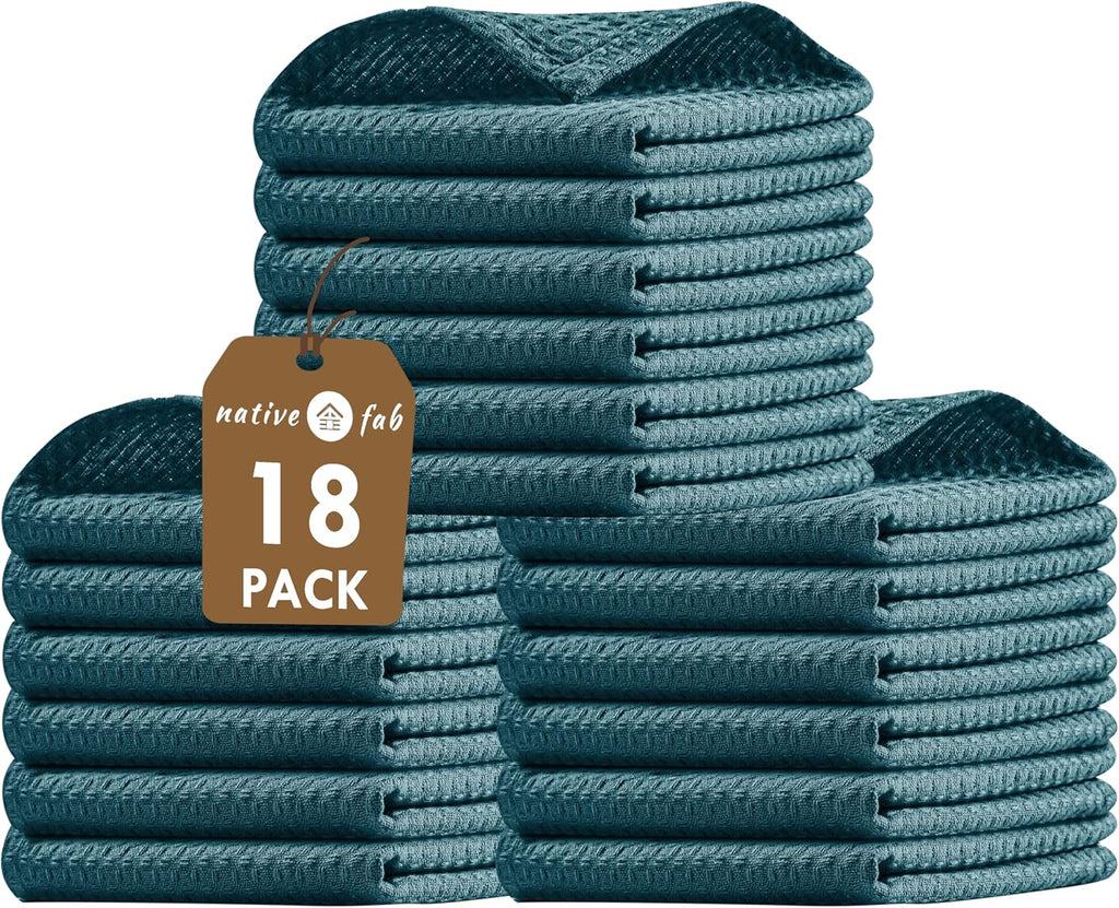 Native Fab Waffle 18 Pack Dish Cloths - Cotton, 12x12 inches, Absorbent, Quick Drying, Washable Towels for Cleaning, Cooking & Baking - Ideal for Home, Restaurants, Bars & Multi Use - Teal Green