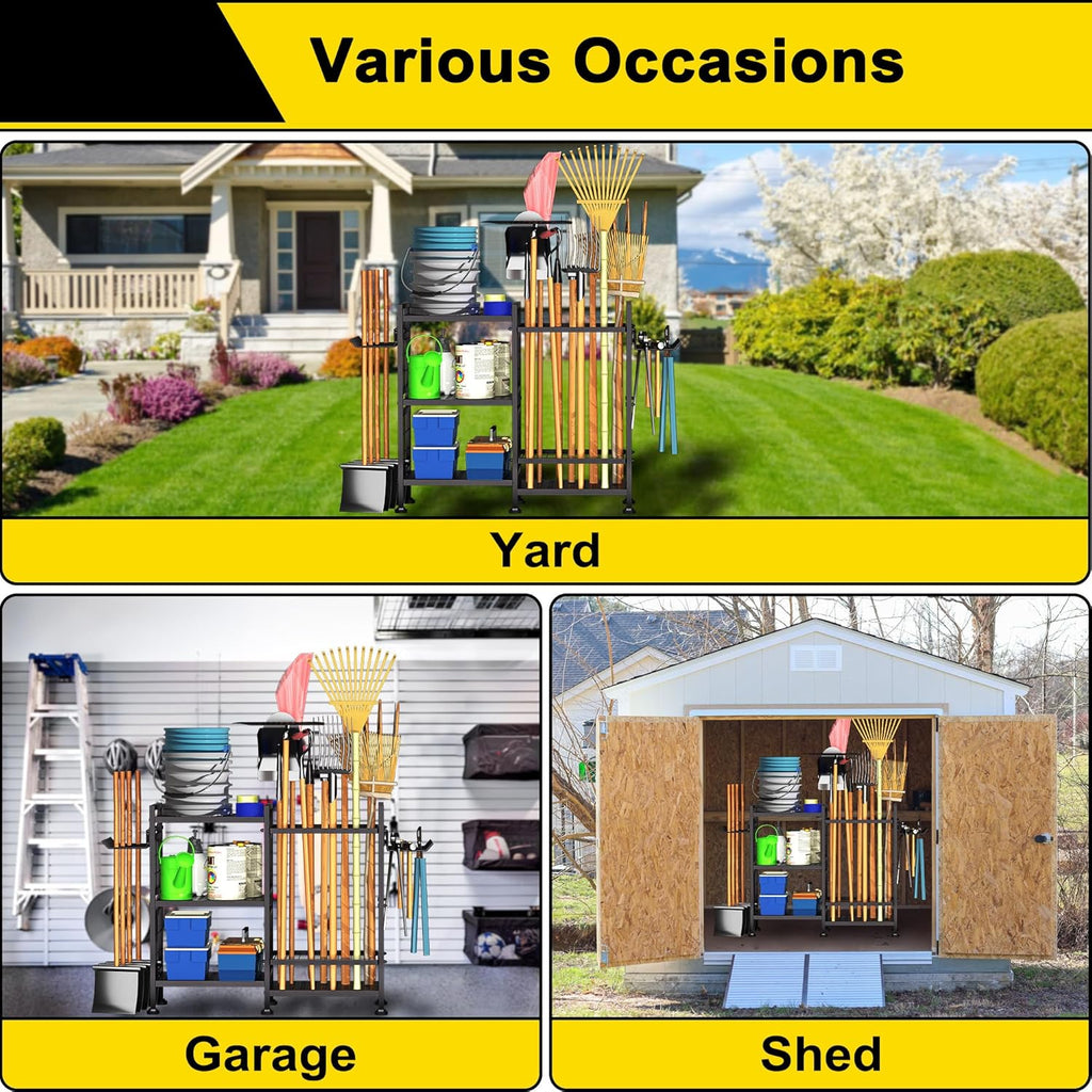 GIOTORENT 6 Tier Garden Tool Organizer, Garage Storage and Organization, Metal Yard Tools Storage Rack, Heavy Duty Garden Tool Organizer for Garage, Yard, Patio, Shed, Indoors and Outdoors, Black