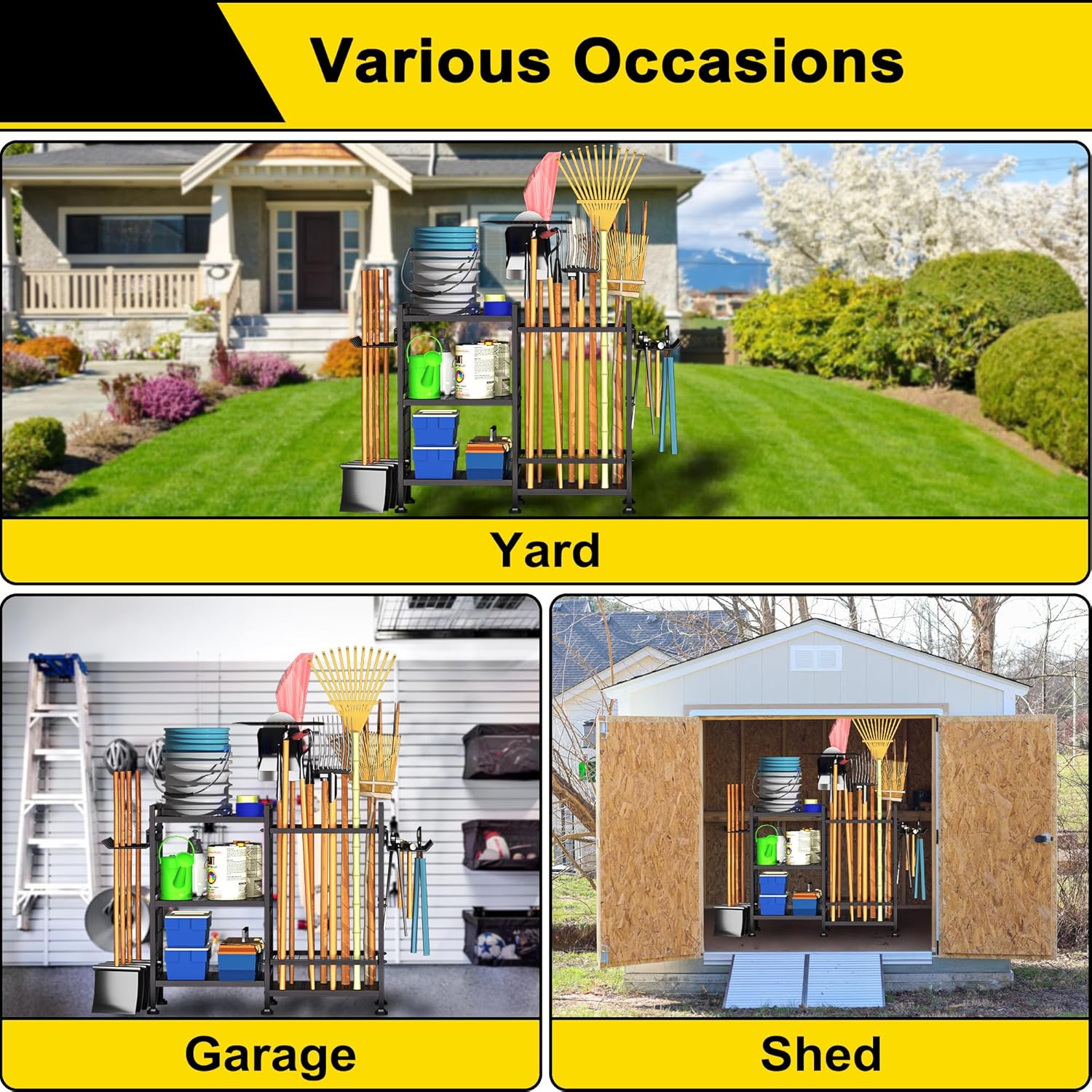 GIOTORENT 6 Tier Garden Tool Organizer, Garage Storage and Organization, Metal Yard Tools Storage Rack, Heavy Duty Garden Tool Organizer for Garage, Yard, Patio, Shed, Indoors and Outdoors, Black