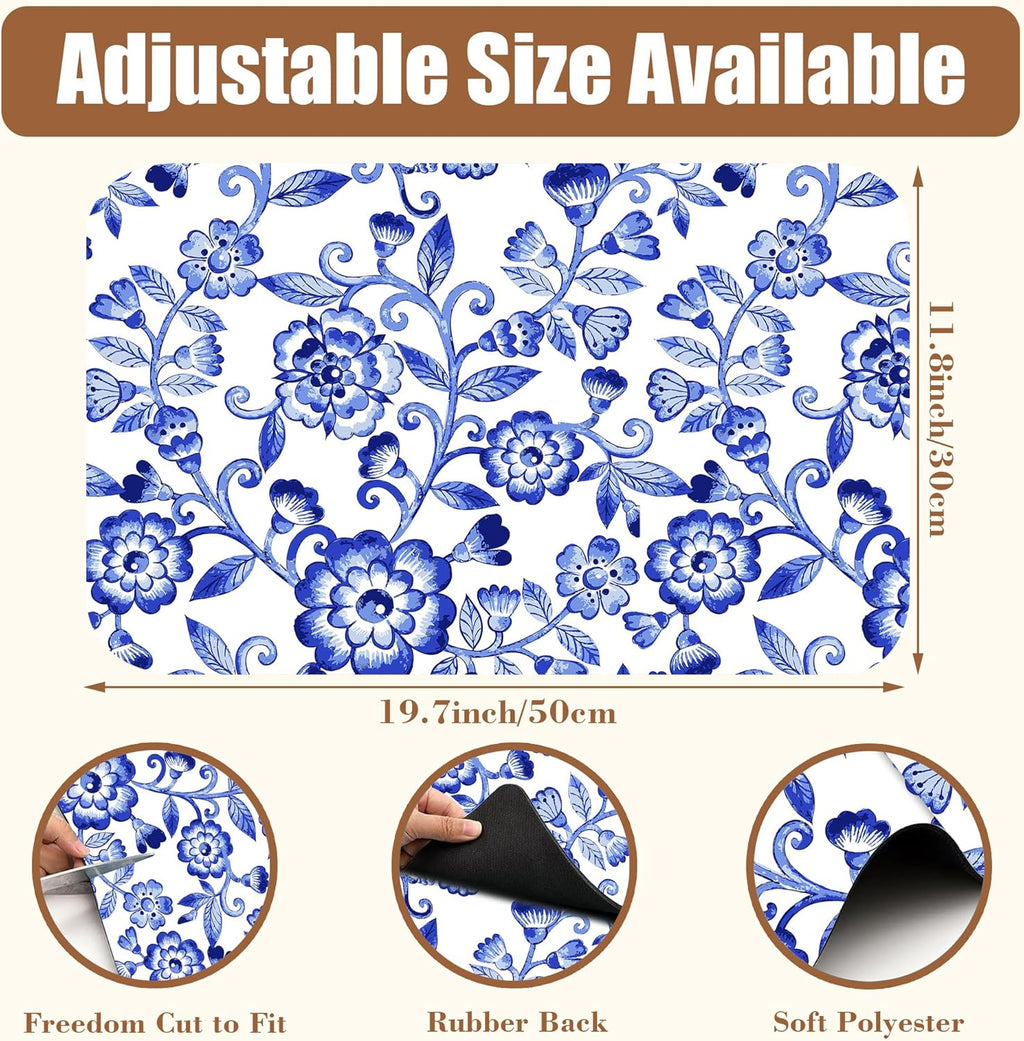 Dish Drying Mat Watercolor Blue Flowers Coffee Bar Mat for Countertop Absorbent Rubber Backed Hide Stain Dish Drainer Rack Pad Coffee Maker Espresso Machine Dining Room Decor 11.8 x 19.7 Inch