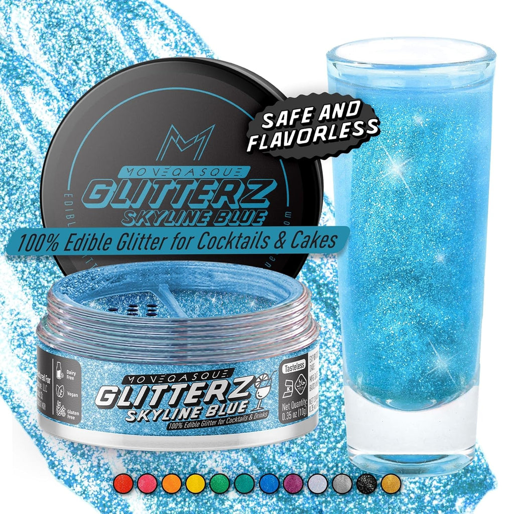 MONÉGASQUE Skyline Blue Edible Glitter for Drinks 10g – Blue Edible Glitter for Cakes & Halloween Cupcakes - Champagne, Beverage, & Cocktail Drink - Food Decorating Sprinkles & Cake Decorations Spray