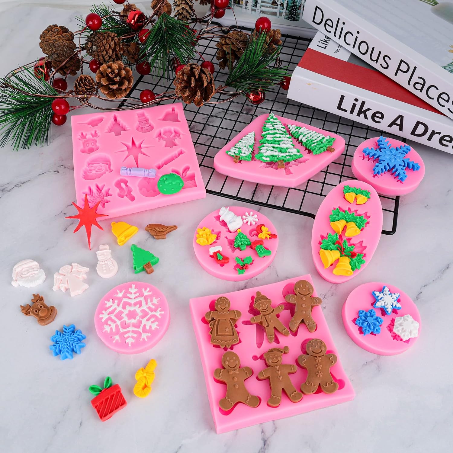 Christmas Silicone Molds Snowflake Molds Mini Xmas Fondant Chocolate Candy Cake Molds Christmas Snowman Tree Snowflake Holly Leaves Santa Claus Baking Molds for Xmas New Year Party Cake Decor