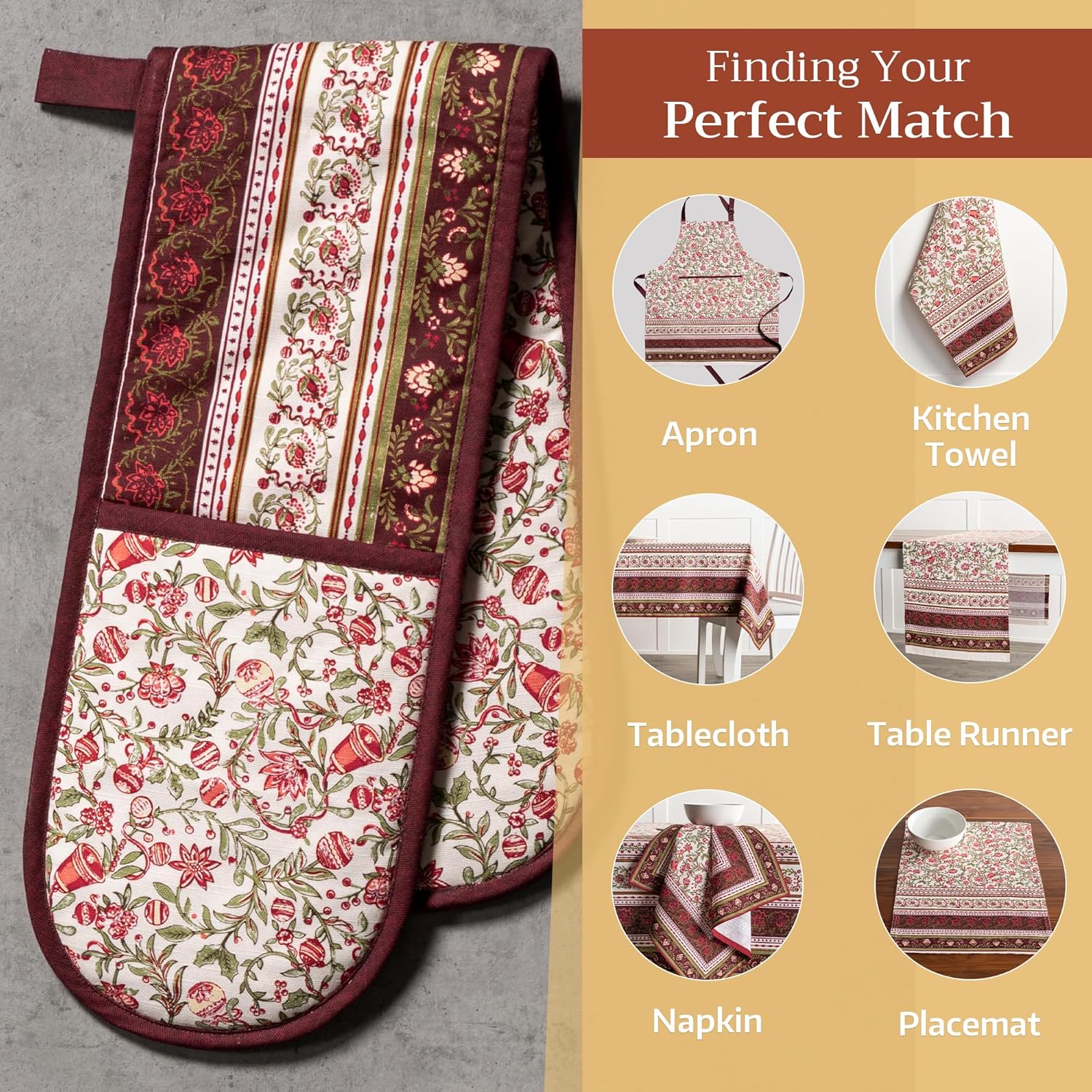 Maison d' Hermine Double Oven Mitts 100% Cotton 7"x35" Double Oven Mitt Heat Resistant BBQ Cooking Gloves with Loop, Baking, Grilling, Home, Kitchen, Handling Hot Pans (Reveillon Au Jardin)