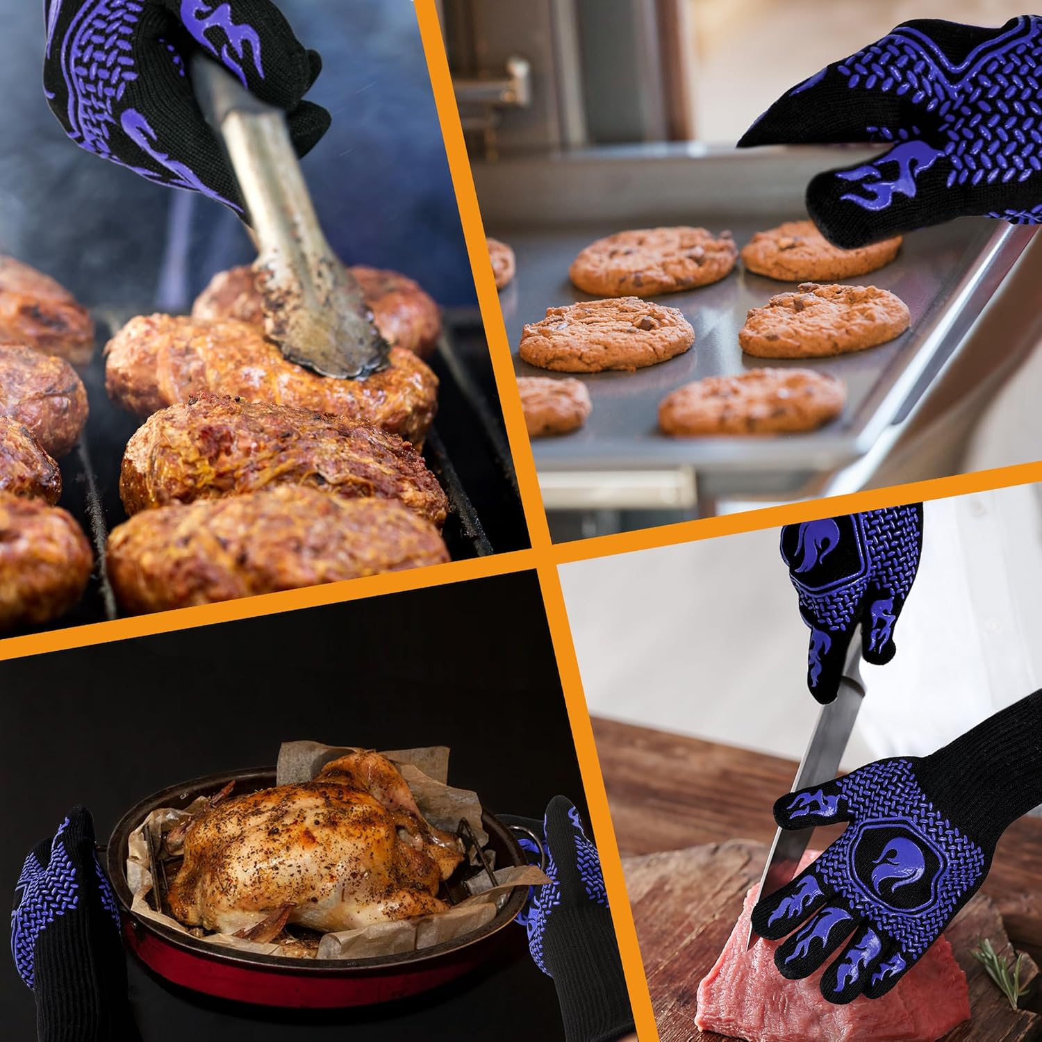 BBQ Fireproof Gloves, Grill Cut-Resistant Gloves 1472°F Heat Resistant Gloves, Non-Slip Silicone Oven Gloves, Kitchen Safe Cooking Gloves for Oven Mitts,Barbecue,Cooking, Frying, Black（2 Pairs）