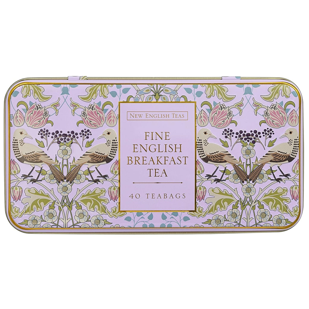 New English Teas Song Thrush and Berries Tea Tin in Pink with 40 English Breakfast Teabags