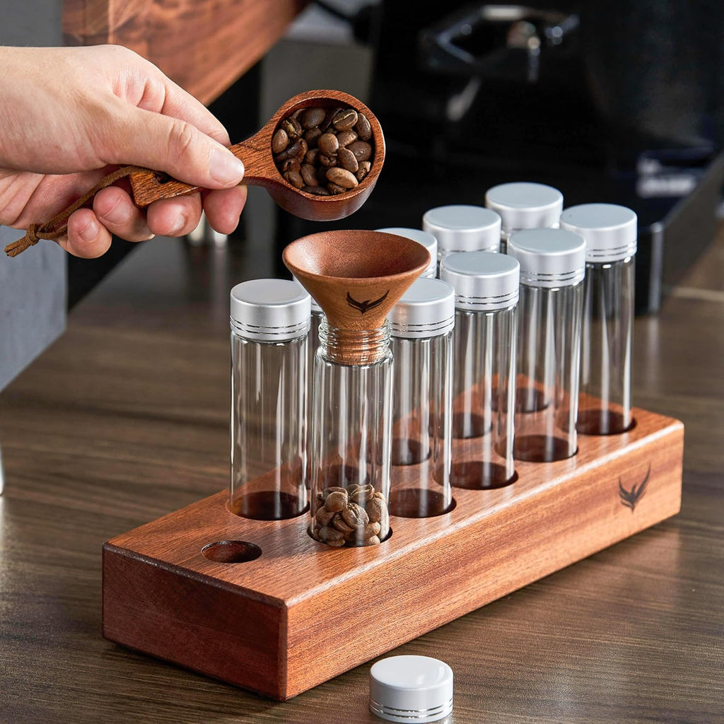 Single Dose Coffee Bean Storage Tubes Coffee Bean Cellar 10 Pcs Dosing Glass Vials With Lids (2 Oz) Wooden Display Stand And Funnel