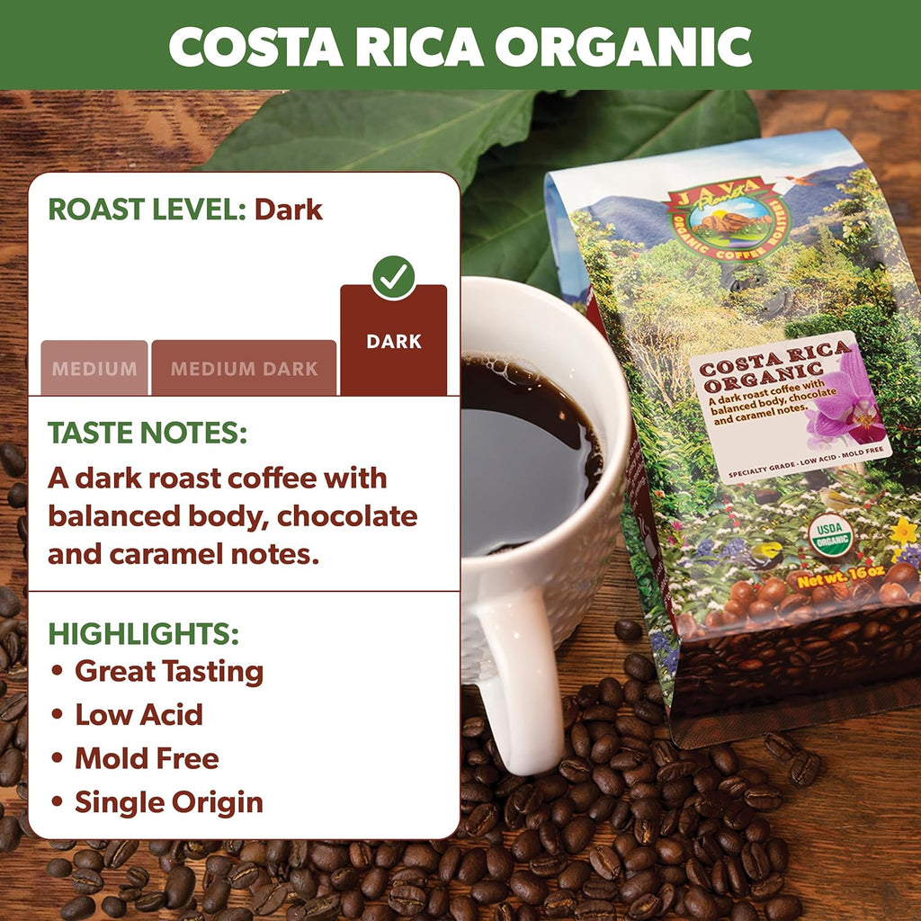 Low Acid Organic Coffee – Whole Bean, Mold-Free & Stomach Friendly by Java Planet, Costa Rican Single Origin Coffee, Dark Roast, Smooth Full Flavored, 1LB Bag
