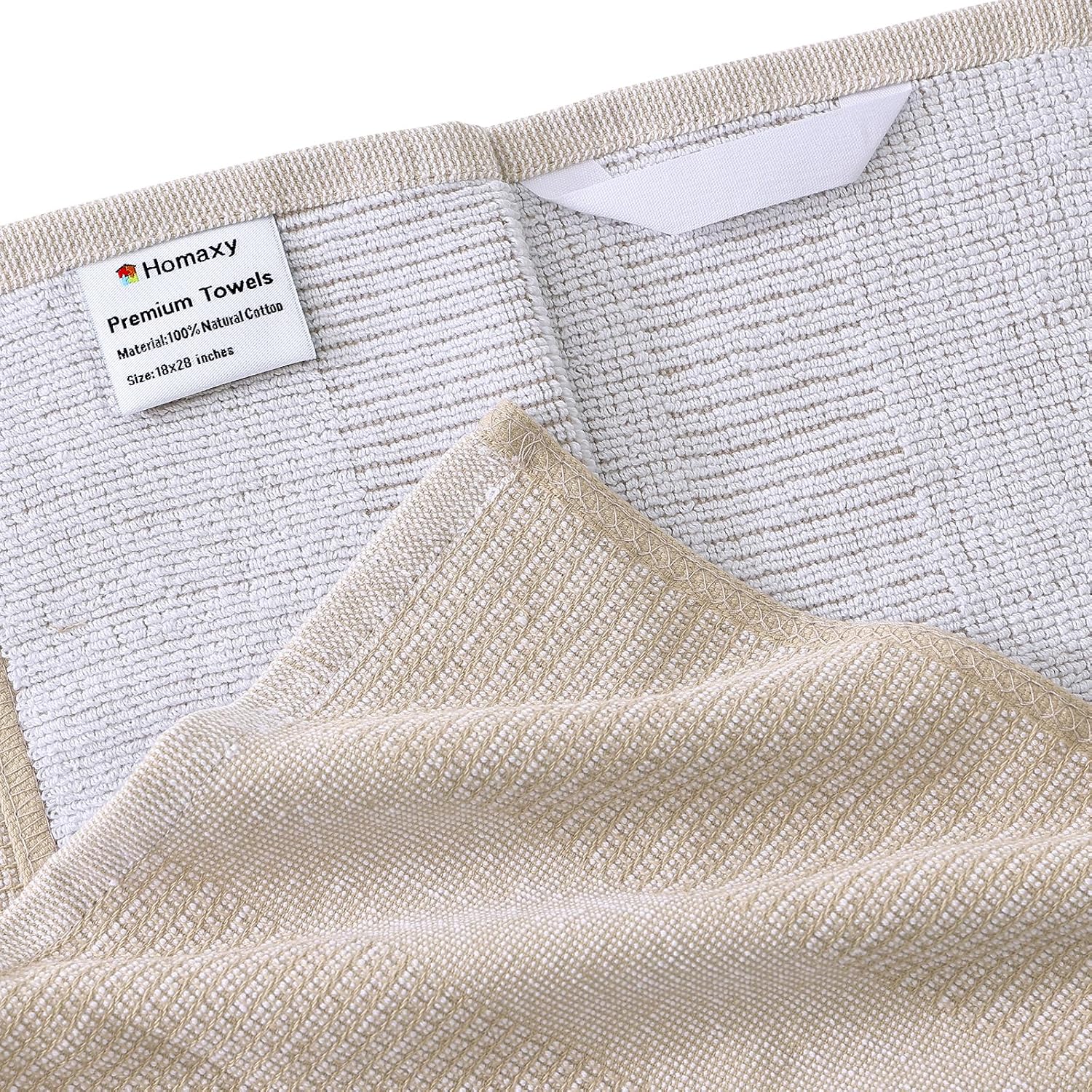 Homaxy Premium Kitchen Towels(18”x 28”, 6 Pack), Large Cotton Kitchen Hand Towels, Flat and Terry Dish Towels, 380 GSM Highly Absorbent Tea Towel Set with Hanging Loop, Khaki