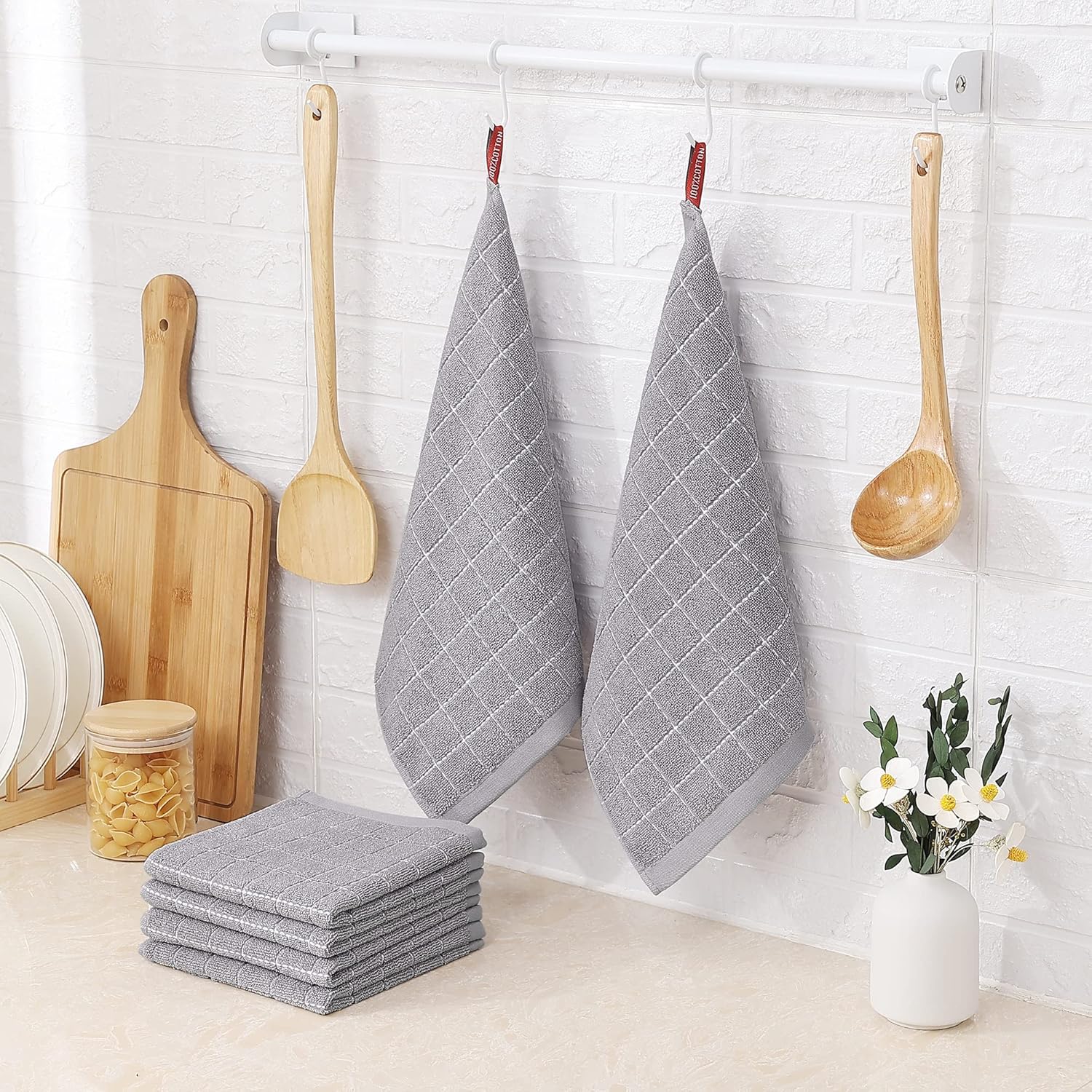 Homaxy 100% Cotton Terry Kitchen Dish Cloths, Ultra Soft and Absorbent Dish Towels for Kitchen, Suitable for Drying and Washing Dishes, 8 Pack, 12 x 12 Inches, Light Grey