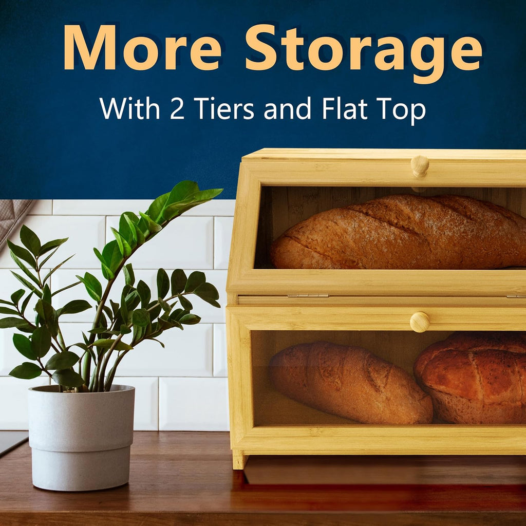 Bamboo Bread Box Space Saving Rustic Flat-Top Bread Bin for Countertop - Store Bread Cake and Baked Goods - 15 x 9.8 inches (2 Tier box)