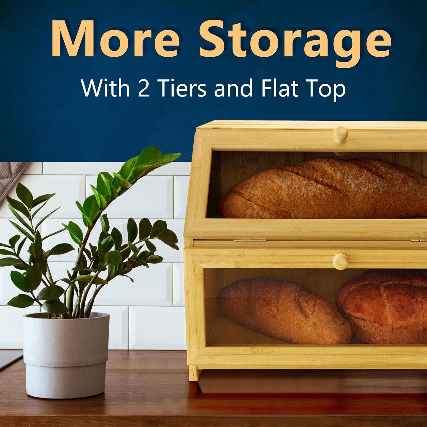 Bamboo Bread Box Space Saving Rustic Flat-Top Bread Bin for Countertop - Store Bread Cake and Baked Goods - 15 x 9.8 inches (2 Tier box)