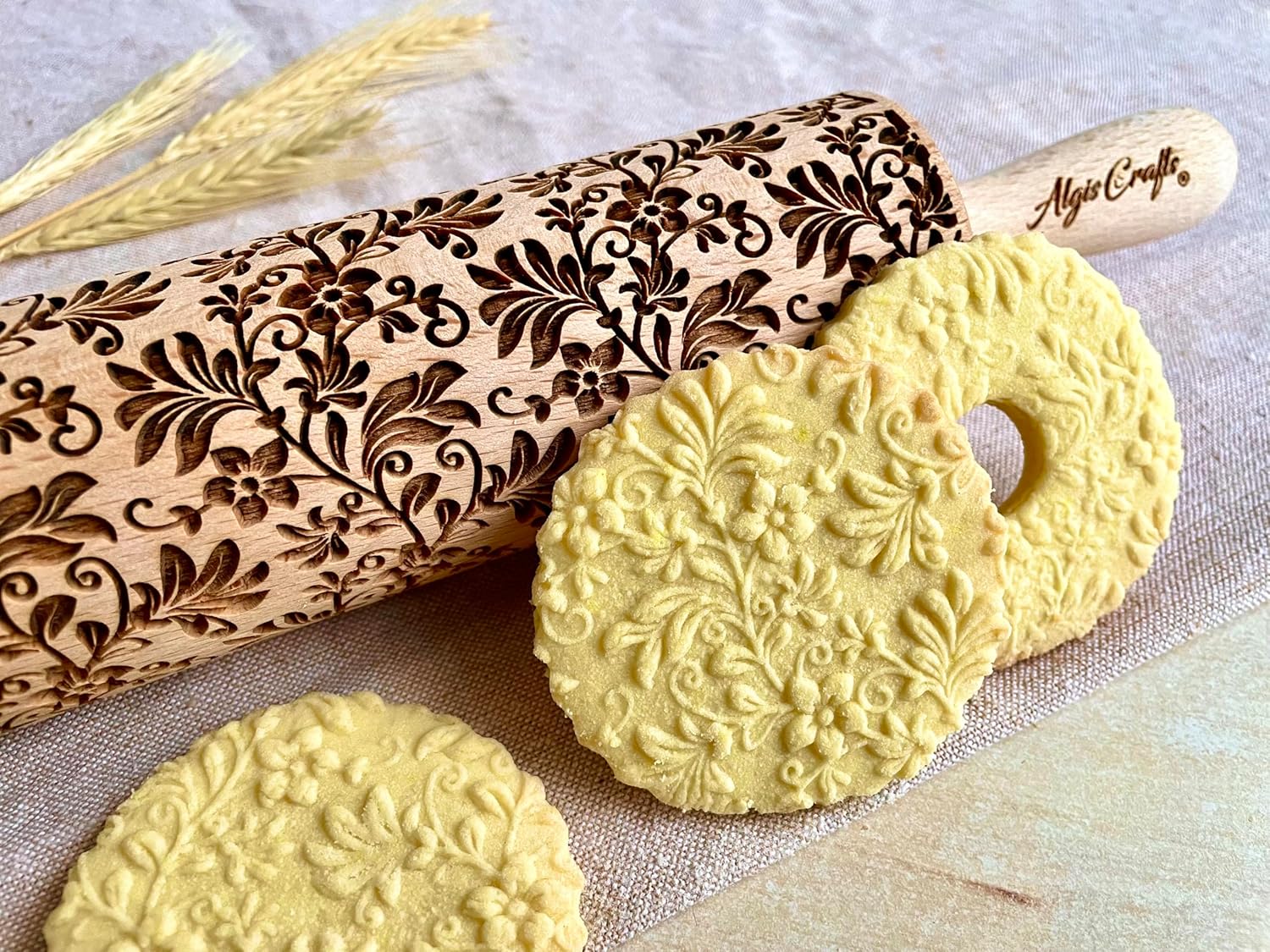 FLORAL WREATH Embossing Rolling Pin with Flowers Pattern. Dough and Clay Roller for Embossed Cookies and Pottery. Cookie and Ceramic Stamp. Backing Gifts for Women by Algis Crafts