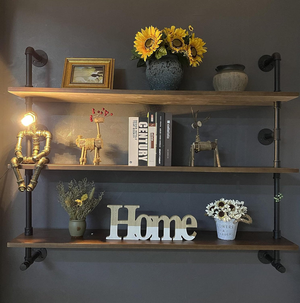 Industrial Pipe Wall Shelves Pipe Shelving with Real Wood Plank,48 Inches Floating Shelves for Wall Farmhouse Pipe Book Shelves Dark Brown 3 Tier for Kitchen,Living Room Decor and Bar Shelving