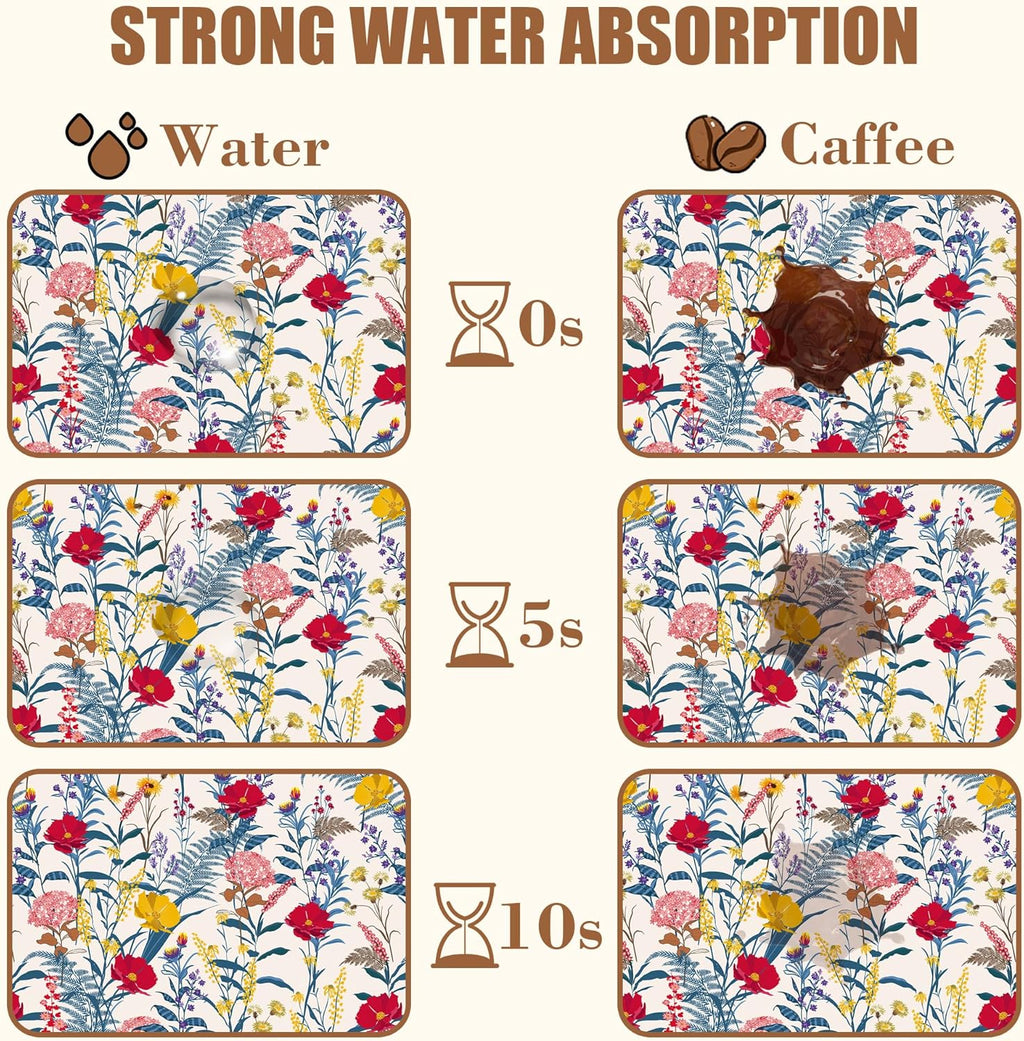 Botanical Dish Drying Mat Spring Flowers Coffee Bar Mat for Countertop Absorbent Rubber Backed Hide Stain Dish Drainer Rack Pad Espresso Machine Cafe Table Dining Room Decor 11.8 x 19.7 Inch