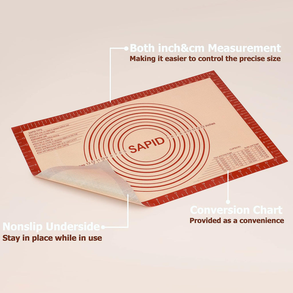 Sapid Extra Thick Silicone Pastry Mat Non-slip with Measurements for Non-stick Silicone Baking Mat Large, Dough Rolling, Pie Crust, Cookies, Kneading Mats, Countertop, Placement Mats (16" x 24", Red)