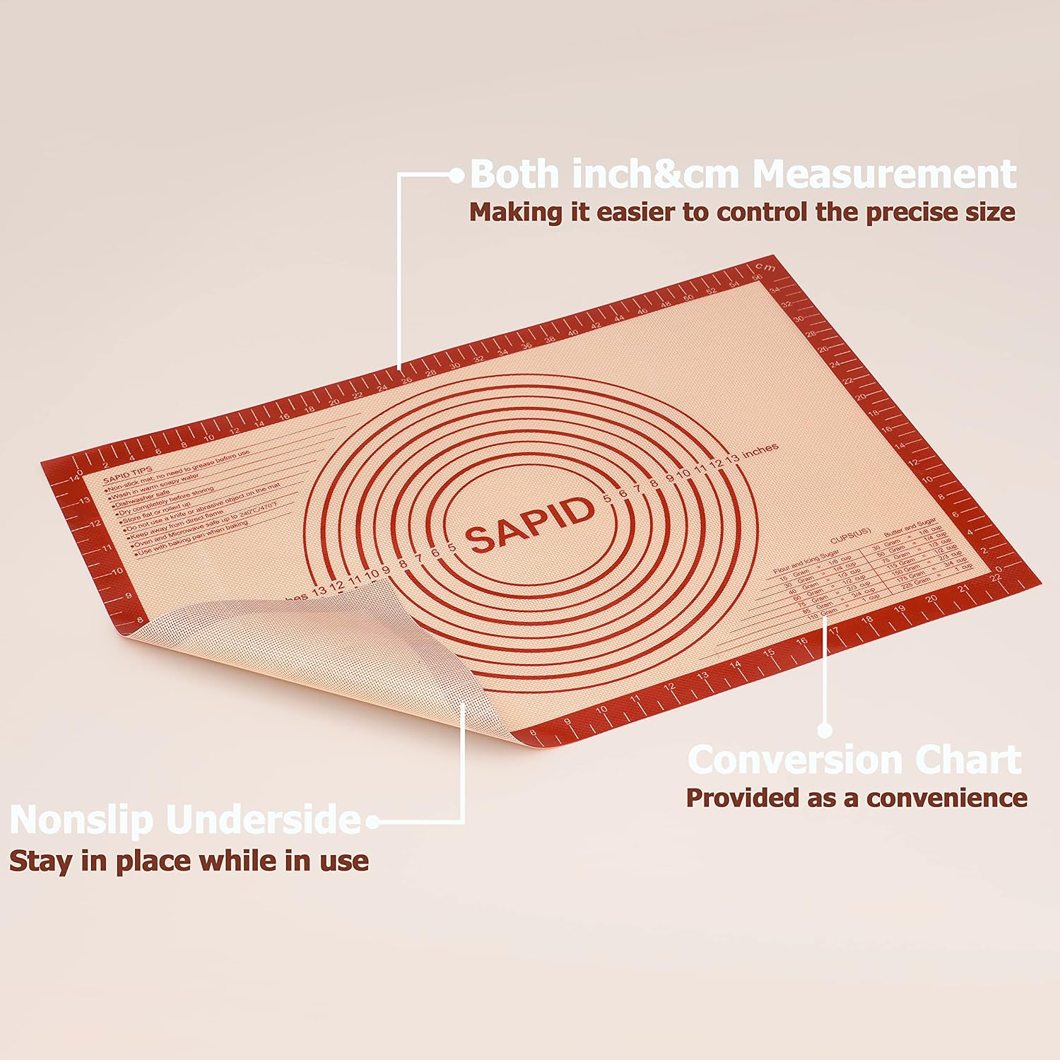 Sapid Extra Thick Silicone Pastry Mat Non-slip with Measurements for Non-stick Silicone Baking Mat Large, Dough Rolling, Pie Crust, Cookies, Kneading Mats, Countertop, Placement Mats (16" x 24", Red)
