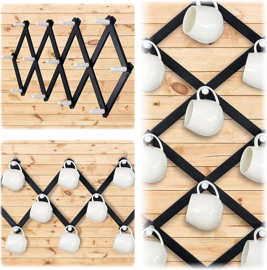 Dseap Accordian Wall Hanger: 16” High Wooden Wall Expandable Coat Rack, Hat Rack Holder, Accordion Hook for Baseball Caps, Coats, Mugs, 13 Peg Hooks, Black & White