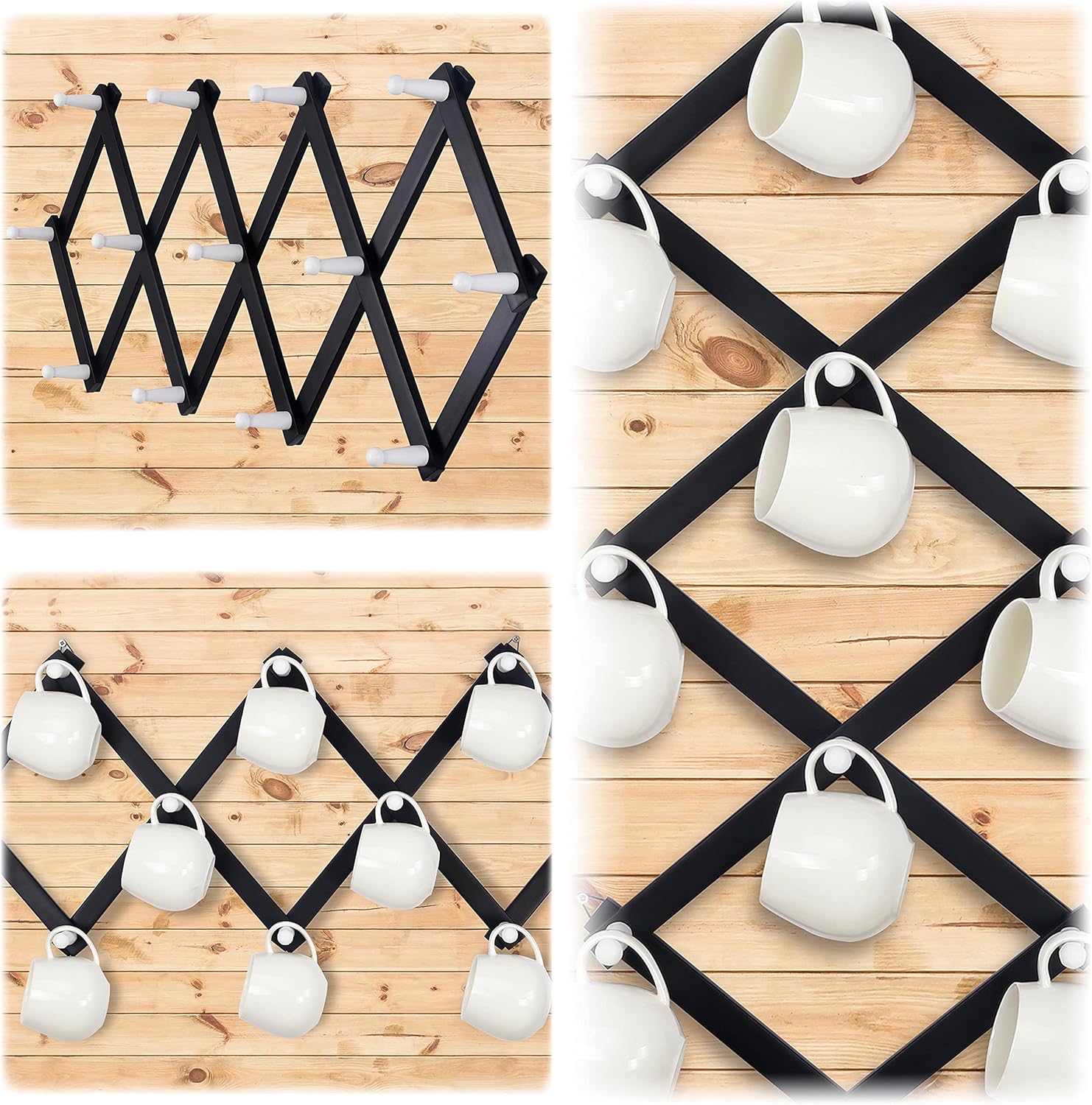 Dseap Accordian Wall Hanger: 16” High Wooden Wall Expandable Coat Rack, Hat Rack Holder, Accordion Hook for Baseball Caps, Coats, Mugs, 13 Peg Hooks, Black & White