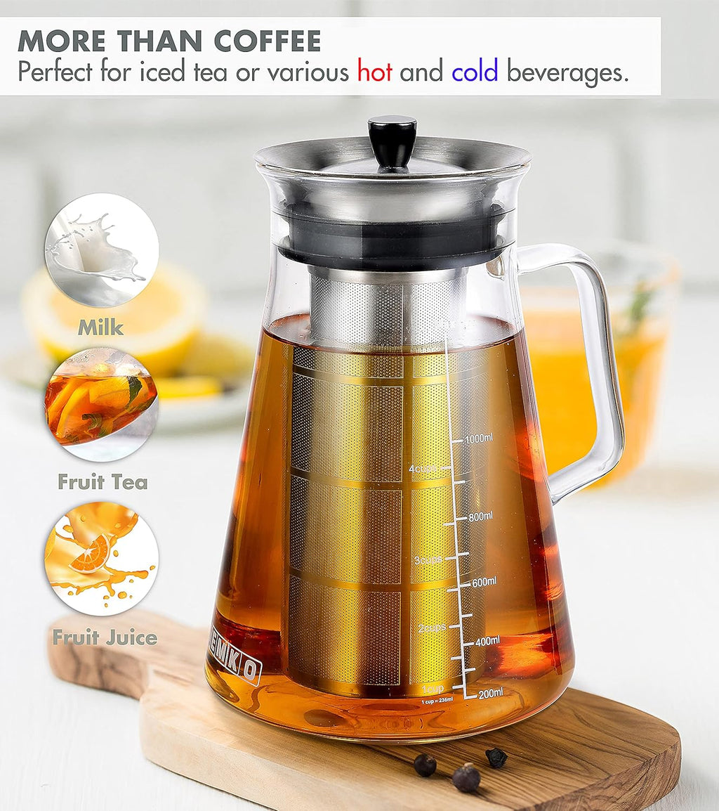 Aquach 34 Oz Cold Brew Coffee & Iced Tea Maker – Airtight Lid, Dishwasher Safe, Borosilicate Glass Caraf