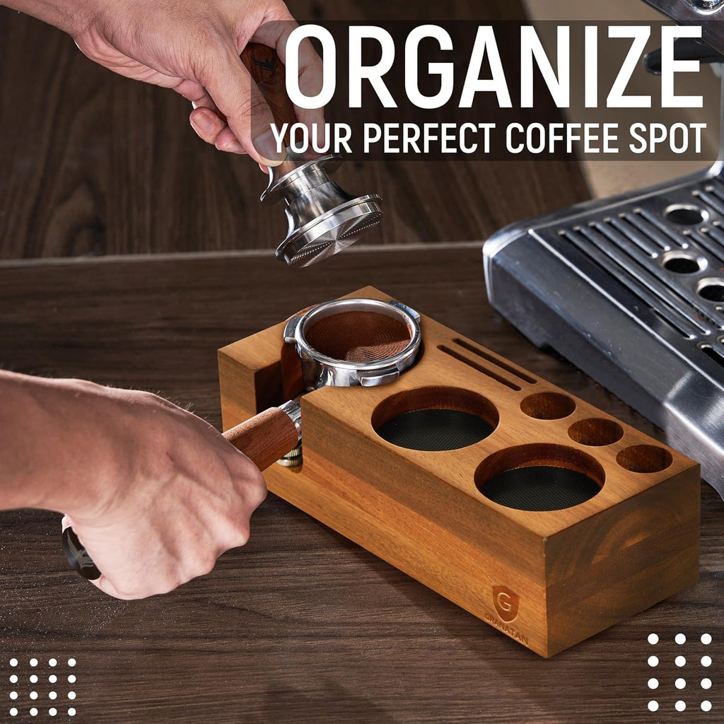 Espresso Tamping Station, Acacia Wood Tamper Station, 54-58 MM Coffee Tamper Holder, Espresso Machine Accessories