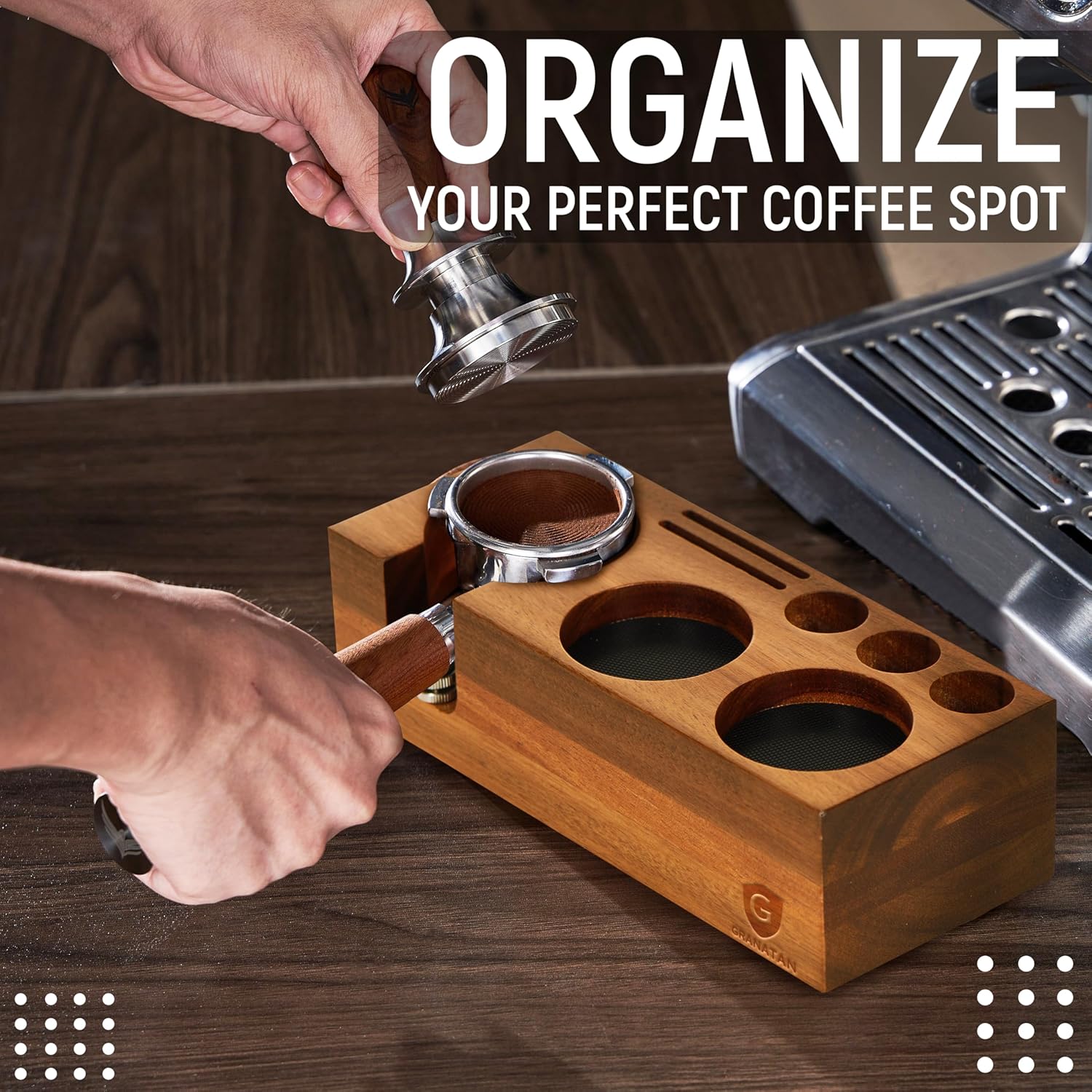 Espresso Tamping Station, Acacia Wood Tamper Station, 54-58 MM Coffee Tamper Holder, Espresso Machine Accessories