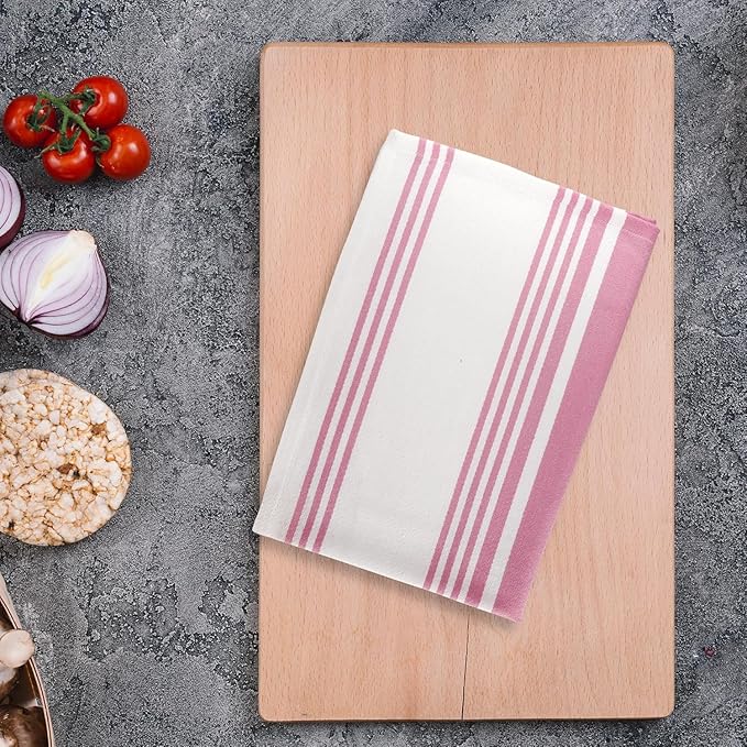 Urban Villa Kitchen Towels 100% Cotton Pack of 3, Highly Absorbent Quick Drying Super Soft Premium Dish Towels for Kitchen with Hanging Loop Hand & Tea Towels - 20x30 Inch, (Pink & White, Striped)