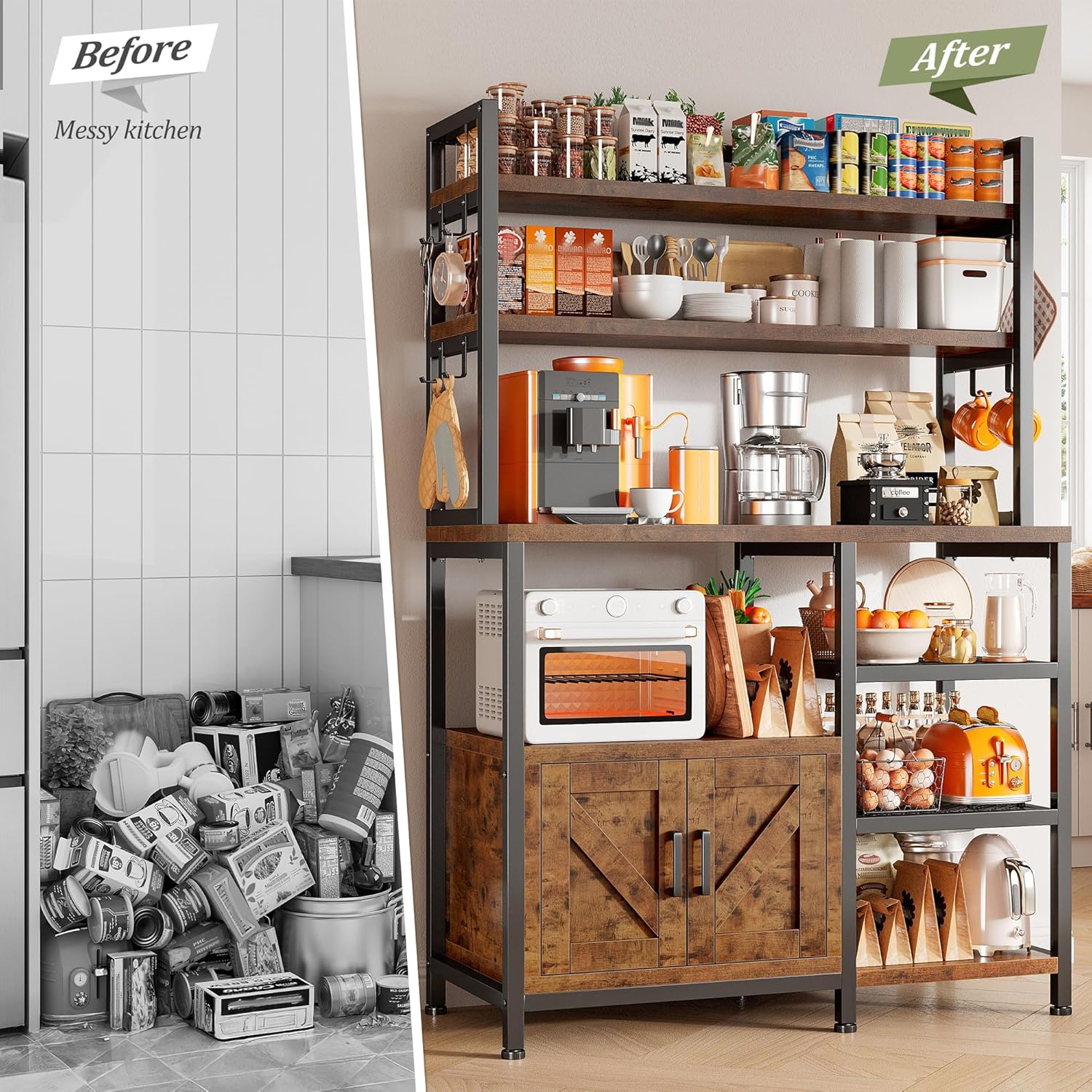 EnHomee Bakers Rack, 6 Tier Microwave Stand, Coffee Bar Organizer with 8 L-Shaped Hooks, Kitchen Shelves with Large Capacity Storage, 14.1 x 30.1 x 63.1 Inches, Rustic Brown