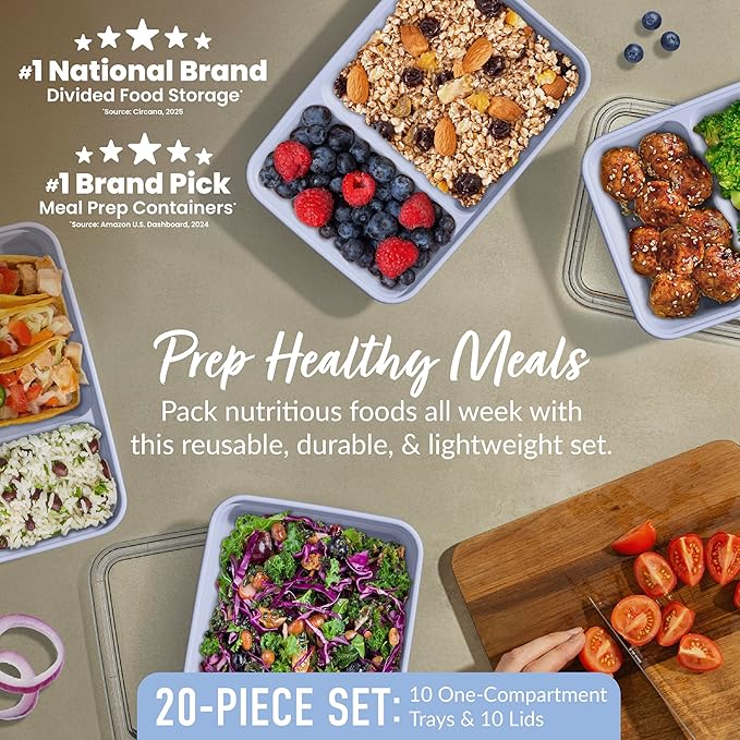 Bentgo Prep - 20-Piece 2-Compartment Reusable Meal Prep Containers with Lids, PFAS & BPA Free Materials, Durable, Microwave, Freezer, & Dishwasher Safe To Go Food Storage (Periwinkle)