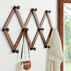 Dseap Expandable Coat Rack (Larger Version) - 24” High, Anti-Slip, Ultra Heavy Duty Wooden Accordian Wall Hanger with 10 Study Peg Hooks for Clothing Hats Jackets Bags, Brown