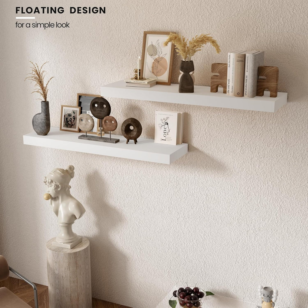 Vivelove Wooden Floating Shelves for Wall 36” x 8”x 1.4”, Solid Wood Shelf with Invisible Brackets, Deep Wall Shelves for Bathroom, LivingRoom, Kitchen, Bedroom, Modern Home Decor, Set of 2 - White