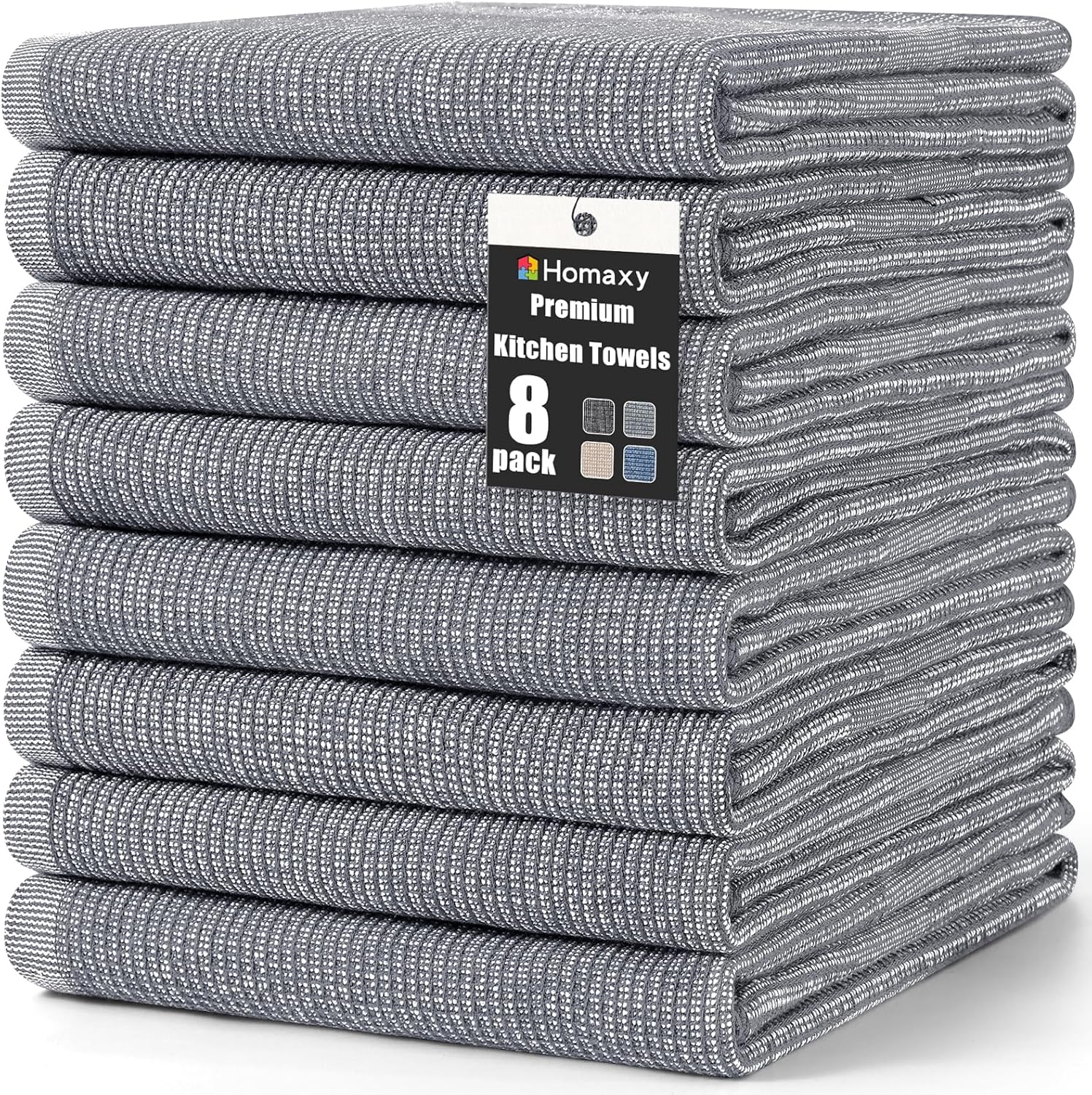 Homaxy Premium Kitchen Towels(18”x 28”, 8 Pack), Large Cotton Kitchen Hand Towels, Flat and Terry Dish Towels, 380 GSM Highly Absorbent Tea Towel Set with Hanging Loop, Grey