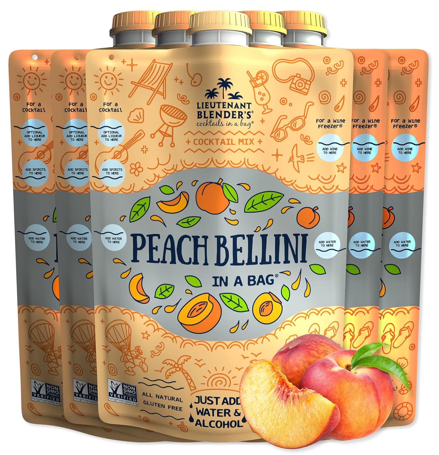 Lt. Blender's Peach Bellini in a Bag - Wine Slushie Mixes - Each Bag Makes 1/2 Gallon of Frozen Peach Bellini Mix – Non-GMO Wine Freezer mix - Make with Wine, Liquor or as a Mocktail - (Pack of 5)