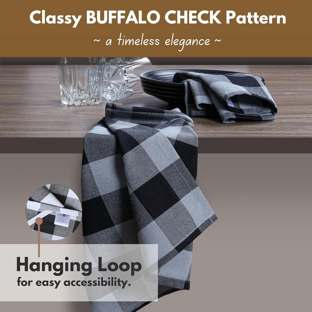 Native Fab Buffalo Check Kitchen Dish Towels, 4 Pack, Cotton, Durable, Washable 16"x26" - Tea Towel, Soft Absorbent Cleaning Towels, Hand Towels with Hanging Loop - Black, Grey