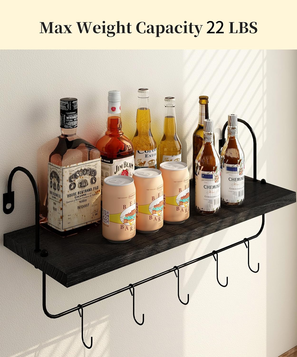 Coffee Mug Holder, Coffee Bar Shelf with Hooks Wall Mount Cup Organizer Mug Racks Pods Storage Hanger, Farmhouse Kitchen Decor, Black