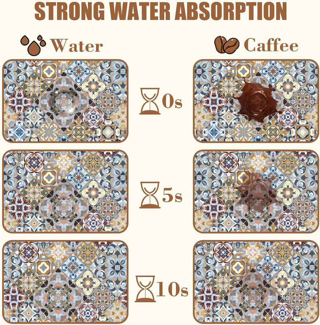 Retro Colorful Tiles Dish Drying Mat for Kitchen Counter Floral Coffee Mat Hide Stain Absorbent Drying Rack Pad with Rubber Backed Espresso Machine Coffee Bar Accessories 11.8 x 19.7 Inch